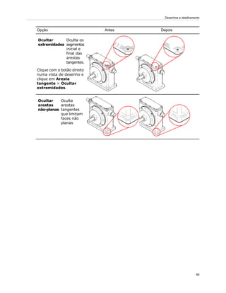 DepoisAntesOpção
Oculta os
segmentos
inicial e
final das
arestas
tangentes.
Ocultar
extremidades
Clique com o botão direito
numa vista de desenho e
clique em Aresta
tangente > Ocultar
extremidades.
Oculta
arestas
tangentes
que limitam
faces não
planas
Ocultar
arestas
não-planas
80
Desenhos e detalhamento
 