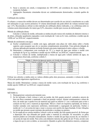 130
4. Secar a amostra em estufa, à temperatura de 105-110ºC, até constância de massa. Resfriar em
recipiente fechado.
5. Agregações fracamente cimentadas devem ser cuidadosamente destorroadas, evitando quebra de
grãos.
Calibração dos moldes:
O volume e a massa dos moldes devem ser determinados por ocasião do uso inicial e anualmente ou a cada
mil utilizações (o que ocorrer primeiro). O volume determinado não pode diferir do volume nominal mais
que 1,5%. Recomenda-se utilizar os dois métodos de calibração abaixo indicados, e se a diferença entre os
volumes assim determinados for maior que 0,5%, descartar o molde (por excesso de deformação).
Método de calibração direta:
Calcular o volume do molde, utilizando as médias de pelo menos três medidas do diâmetro interno e
da altura, efetuadas igualmente espaçadas e com resolução de 1 mm ou 0,1 mm, conforme o molde seja de
14200 cm3
ou 2830 cm3
, respectivamente.
Método do enchimento com água:
a) Encher completamente o molde com água, aplicando uma placa de vidro plana sobre a borda
superior, para assegurar que ele se encontra completamente preenchido. Uma película delgada de
silicone aplicada previamente na borda formará uma junta impermeável entre a placa e a borda;
b) Determinar a temperatura com resolução de 1ºC e a massa de água que encheu o molde com
resolução de 5g ou 1g, conforme o molde seja de 14200 cm3
ou 2830 cm3
, respectivamente.
c) Calcular o volume do molde, multiplicando a massa de água pelo volume unitário de água, na
temperatura observada, conforme a tabela 3.
Tabela 3: Volume da água por grama, em função da temperatura
Temperatura (ºC) Volume unitário (cm3
/g) Temperatura (ºC) Volume unitário (cm3
/g)
12 1,00048 24 1,00268
14 1,00073 26 1,00320
16 1,00103 28 1,00375
18 1,00138 30 1,00435
20 1,00177 32 1,00497
22 1,00221
Utilizar nos cálculos a média entre os valores obtidos pelos dois processos, anotando o volume do molde
(Vm) com quatro algarismos significativos.
Massa do molde: Determinar e anotar a massa do molde vazio, com resolução de 5g ou 1g, conforme o
molde seja de 14200 cm3
ou 2830 cm3
, respectivamente.
ENSAIO:
MÉTODO A:
1. Homogeneizar a amostra previamente seca.
2. Se for utilizado o funil, colocar o solo no molde, tão fofo quanto possível, vertendo-o através do
bico em fluxo constante e mantendo o funil em posição vertical. Ajustar continuamente a altura do
bico, de modo que a queda livre do material seja igual ou inferior a 1 cm e suficiente para evitar o
contacto do bico com o material já depositado. Mover o funil em trajetória espiralada, de forma a
resultar camadas com espessuras uniformes, minimizando a segregação de partículas. Encher o
molde até 1 a 2 cm acima do topo e rasar o excesso com auxílio da régua biselada. Evitar vibrações
no molde que possam causar rearranjo das partículas e recalque na amostra.
3. Se for usada pá ou concha metálica, colocar o solo no molde, tão fofo quanto possível, de forma que
a deposição não seja efetuada por queda sobre o material já colocado. Se necessário, os grãos
maiores podem ser colocados manualmente. Encher o molde até que haja excesso de, no máximo 2
cm acima do topo do molde. Para solos com diâmetro máximo dos grãos de até 19 mm, nivelar com
a régua de aço (e com os dedos, se necessário). Quando os grãos têm diâmetros maiores, compensar
 