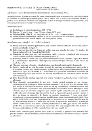 132
DETERMINAÇÃO DO ÍNDICE DE VAZIOS MÍNIMO (eMIN )
(extrato da norma MB 3388/1991, da ABNT)
Advertência: o índice de vazios mínimo absoluto não será necessariamente obtido.
A amplitude dupla de vibração vertical das mesas vibratórias utilizadas neste ensaio tem efeito significativo
no resultado, e o mesmo pode ocorrer quando varia o tipo de solo. A NB3388/91 reconhece este fato e
permite o uso de mesas vibratórias com amplitudes duplas de vibração diferentes das preconizadas, em
certas circunstancias especiais (previstas na norma).
Aparelhagem geral:
a) Estufa (capaz de manter temperatura... 105-110ºC);
b) Peneiras (75 mm, 38 mm, 19 mm, 9,5 mm, 4,8 mm, 0,075 mm);
c) Balanças (40 kg, 10 kg, 1,5 kg) com resoluções de 5g, 1g e 0,1g, respectivamente;
d) Outros equipamentos (bandeja, conchas, pá, escova de cerdas macias, cronômetro e paquímetro que
permita leituras de no mínimo 30 mm, com resolução de 0,2 mm)
Aparelhagem para o método A (A-1 e A-2) (ver figura 4):
a) Moldes cilíndricos metálicos padronizados, com volumes nominais 2830 cm3
e 14200 cm3
, com as
dimensões indicadas na figura 3.
b) Tubo-guia com dispositivo de fixação ao molde, para cada tamanho do molde. Ver detalhes da
fixação na figura 3(a) do Anexo B da NB3388/91;
c) Disco-base da sobrecarga, para cada tamanho de molde, perfurado e dotado de três pinos para
centralização da sobrecarga, conforme a figura 4 do anexo B;
d) Sobrecarga de seção circular com alça, para cada tamanho do molde, conforme a figura 4 do Anexo
B. A massa total do disco-base e sobrecarga deve ser suficiente para aplicação de uma pressão de
(13,8 ±0,1) kPa;
e) Alça com rosca para colocação e retirada do disco-base. Exemplo na figura 3(b) do anexo B;
f) Suporte encaixável no guia do molde, ao qual fica acoplado um defletômetro, para medir a
diferença de elevação entre o topo do molde e o disco base da sobrecarga após a densificação, como
mostrado na figura 3(c) do Anexo B. O defletômetro deve possibilitar medições de no mínimo 50
mm com resolução 0,02 mm, devendo ser instalado de modo que sua haste fique paralela ao eixo
vertical do molde;
g) Barra de calibração metálica (opcional) com largura 7 cm (aprox.), altura 0,5 cm e comprimento
adequado;
h) Mesa vibratória eletromagnética de aço, com vibração vertical acionada por um vibrador
eletromagnético do tipo impacto sólido, de massa maior que 45 kg. A mesa deve ser instalada sobre
piso ou laje de concreto com massa da ordem de 500 kg, de modo que vibrações excessivas não
sejam transmitidas a outras áreas onde estejam sendo realizados outros ensaios. O tampo da mesa
vibratória deve ter dimensões adequadas que confiram rigidez suficiente para que o conjunto
molde+tubo-guia+sobrecarga fique firmemente fixado e rigidamente apoiado durante o ensaio e
deve ser dotado de dispositivo de fixação ao conjunto mencionado. A mesa deve vibrar
verticalmente o conjunto, com deslocamento senoidal com o tempo, de amplitude dupla média (pico
a pico) de (0,33±0,05) mm para freqüência de 60 Hz ou de (0,48±0,08) mm para freqüência de 50
Hz, nas condições do ensaio. A mesa deve ter recurso de ajustamento da freqüência de vibração
entre 0 e 60 Hz ou cerca de 0,20mm a 0,48mm para freqüência de 50 Hz, para ensaios com material
úmido. Para uso em ensaios especiais, tal ajustamento deve estar compreendido entre 0,20mm e
0,64mm para freqüência de 60 Hz e entre 0,30mm e 0,91mm para 50 Hz.
Como a mesa vibratória pode produzir ruído acima do aceitável, o operador deve trabalhar com
protetor auditivo e a mesa vibratória deve ser instalada em ambiente acusticamente isolado do restante
do laboratório.
 