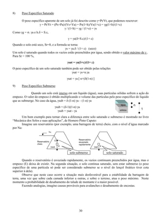 30
n
1sólidos
água
8) Peso Específico Saturado
O peso específico aparente de um solo já foi descrito como γ=Pt/Vt, que podemos rescrever:
γ = Pt/Vt = (Ps+Pa)/(Vs+Va) = Ps(1+h)/Vs(1+ε) = γg(1+h)/(1+ε)
γ / (1+h) = γg / (1+e) = γs
Como γg = σ. γa e h.δ = S.ε,
γ = γa(δ+S.ε)/(1+ ε)
Quando o solo está seco, Sr=0, e a formula se torna:
γs = γa.δ / (1+ ε) (seco)
Um solo é saturado quando todos os vazios estão preenchidos por água, sendo obtido o valor máximo de γ .
Para Sr = 100 %,
γsat = γa(δ+ε)/(1+ ε)
O peso específico de um solo saturado também pode ser obtido pelas relações
γsat = γs+n.γa
γsat = γa [ n+(δ(1-n) ]
9) Peso Específico Submerso
Quando um solo está imerso em um líquido (água), suas partículas sólidas sofrem a ação do
empuxo. O valor do empuxo é obtido multiplicando o volume das partículas pelo peso específico do liquido
que as submerge. No caso da água, γsub = δ (1-n) γa – (1-n) γa
γsub = (δ-1)(1-n) γa
γsub = γsat - γa
Um bom exemplo para tornar clara a diferença entre solo saturado e submerso é mostrado no livro
“Mecânica dos Solos e suas aplicações”, de Homero Pinto Caputo:
Imagine um reservatório (por exemplo, uma barragem de terra) cheio, com o nível d’água marcado
por Na:
Quando o reservatório é esvaziado rapidamente, os vazios continuam preenchidos por água, mas o
empuxo (E) deixa de existir. Na segunda situação, o solo continua saturado, sem estar submerso (o peso
específico de uma partícula só pode ser considerado submerso se o nível do lençol freático tiver cota
superior à dela).
Observe que neste caso ocorre a situação mais desfavorável para a estabilidade da barragem de
terra, uma vez que sobre cada camada inferior a outras, e sobre o terreno, atua o peso máximo. Neste
momento a probabilidade de desabamento do talude de montante é a maior possível.
Fazendo analogias, imagine causas prováveis para avalanches e desabamento de encostas.
P P
EReservatório
cheio
Reservatório
esvaziado
rapidamente
solo submerso solo saturado
γsub γsat
Na
 