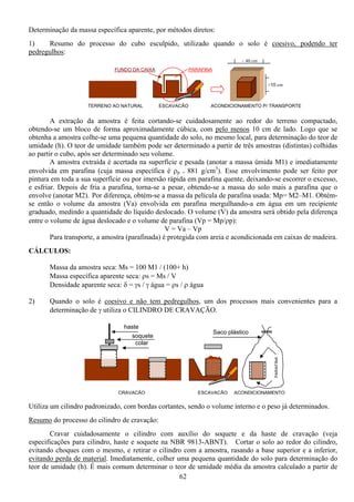 62
Determinação da massa específica aparente, por métodos diretos:
1) Resumo do processo do cubo esculpido, utilizado quando o solo é coesivo, podendo ter
pedregulhos:
A extração da amostra é feita cortando-se cuidadosamente ao redor do terreno compactado,
obtendo-se um bloco de forma aproximadamente cúbica, com pelo menos 10 cm de lado. Logo que se
obtenha a amostra colhe-se uma pequena quantidade do solo, no mesmo local, para determinação do teor de
umidade (h). O teor de umidade também pode ser determinado a partir de três amostras (distintas) colhidas
ao partir o cubo, após ser determinado seu volume.
A amostra extraída é acertada na superfície e pesada (anotar a massa úmida M1) e imediatamente
envolvida em parafina (cuja massa específica é ρp = 881 g/cm3
). Esse envolvimento pode ser feito por
pintura em toda a sua superfície ou por imersão rápida em parafina quente, deixando-se escorrer o excesso,
e esfriar. Depois de fria a parafina, torna-se a pesar, obtendo-se a massa do solo mais a parafina que o
envolve (anotar M2). Por diferença, obtém-se a massa da película de parafina usada: Mp= M2–M1. Obtém-
se então o volume da amostra (Va) envolvida em parafina mergulhando-a em água em um recipiente
graduado, medindo a quantidade do líquido deslocado. O volume (V) da amostra será obtido pela diferença
entre o volume de água deslocado e o volume de parafina (Vp = Mp/ρp):
V = Va – Vp
Para transporte, a amostra (parafinada) é protegida com areia e acondicionada em caixas de madeira.
CÁLCULOS:
Massa da amostra seca: Ms = 100 M1 / (100+ h)
Massa específica aparente seca: ρs = Ms / V
Densidade aparente seca: δ = γs / γ água = ρs / ρ água
2) Quando o solo é coesivo e não tem pedregulhos, um dos processos mais convenientes para a
determinação de γ utiliza o CILINDRO DE CRAVAÇÃO.
Utiliza um cilindro padronizado, com bordas cortantes, sendo o volume interno e o peso já determinados.
Resumo do processo do cilindro de cravação:
Cravar cuidadosamente o cilindro com auxílio do soquete e da haste de cravação (veja
especificações para cilindro, haste e soquete na NBR 9813-ABNT). Cortar o solo ao redor do cilindro,
evitando choques com o mesmo, e retirar o cilindro com a amostra, rasando a base superior e a inferior,
evitando perda de material. Imediatamente, colher uma pequena quantidade do solo para determinação do
teor de umidade (h). É mais comum determinar o teor de umidade média da amostra calculado a partir de
>10 cm
TERRENO AO NATURAL ESCAVAÇÃO ACONDICIONAMENTO P/ TRANSPORTE
~ 40 cm
PARAFINAFUNDO DA CAIXA
PARAFINA
CRAVAÇÃO ESCAVAÇÃO ACONDICIONAMENTO
Saco plástico
haste
soquete
colar
 