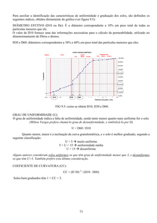 73
Para auxiliar a identificação das características de uniformidade e graduação dos solos, são definidos os
seguintes índices, obtidos diretamente do gráfico (ver figura 9.5):
DIÂMETRO EFETIVO (D10 ou De): É o diâmetro correspondente a 10% em peso total de todas as
partículas menores que ele.
O valor de D10 fornece uma das informações necessárias para o cálculo da permeabilidade, utilizado no
dimensionamento de filtros e drenos.
D30 e D60: diâmetros correspondentes a 30% e 60% em peso total das partículas menores que eles.
GRAU DE UNIFORMIDADE (U):
O grau de uniformidade indica a falta de uniformidade, sendo tanto menor quanto mais uniforme for o solo.
(Milton Vargas prefere chamá-lo grau de desuniformidade, e simbolizá-lo por D)
U = D60 / D10
Quanto menor, maior é a inclinação da curva granulométrica, e o solo é melhor graduado, segundo a
seguinte classificação:
U < 5 muito uniforme
5 < U < 15 uniformidade média
U > 15 desuniforme
Alguns autores consideram solos uniformes os que têm grau de uniformidade menor que 3, e desuniformes
os que têm U>3. Também prefiro esta última consideração.
COEFICIENTE DE CURVATURA (CC):
CC = (D 30) 2
/ (D10 . D60)
Solos bem graduados têm 1 < CC < 3.
CURVA GRANULOMÉTRICA
0,00%
10,00%
20,00%
30,00%
40,00%
50,00%
60,00%
70,00%
80,00%
90,00%
100,00%
0,001 0,01 0,1 1 10 100
Diâmetro dos grãos (mm)
%passante
ARGILA SILTE AREIA
Fina Média Grossa
PEDREGULHO
Fino Médio Grosso
6
2,0
60
0,002 20
D10 D30 D60
FIG 9.5: como se obtém D10, D30 e D60.
 