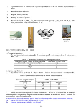 75
Piceta ou bisnaga
12. Agitador mecânico de peneiras com dispositivo para fixação de até seis peneiras, inclusive tampa e
fundo;
13. Escova de cerdas metálicas;
14. Baqueta (bastão) de vidro;
15. Bisnaga de borracha (piceta);
16. Peneiras de 50, 38, 25, 19, 9,5, 4,8, 2,0 mm (peneiramento grosso), 1,2, 0,6, 0,42, 0,25, 0,15,e 0,075
mm (peneiramento fino), conforme a NBR 5734;
EXECUÇÃO DO ENSAIO (NBR 7181/84)
1. Preparação da amostra
Por quarteamento, tomar a quantidade* de amostra preparada com secagem prévia, de acordo com a
NBR 6457.
*Tabela 9.1: Quantidade de amostra para análise granulométrica
Dimensão dos grãos maiores contidos na amostra,
determinada por observação visual (mm)
Quantidade mínima a tomar
(kg)
<5 1
5 a 25 4
>25 8
2. Operações preliminares
2.1 Determinar com as resoluções da Tabela 1 abaixo, a massada amostra seca ao ar e anotar como MT.
Tabela 1 – Balança para a determinação do peso da amostra seca ao ar
Balança a ser utilizadaDimensão dos grãos maiores
contidos na amostra
[mm] Capacidade Nominal
[kg]
Resolução
[g]
> 25 10 1
5 a 25 5 0,5
< 5 1,5 0,1
2.2. Passar este material na peneira de 2,0 mm, tomando-se a precaução de desmanchar no almofariz
todos os torrões eventualmente ainda existentes, de modo a assegurar a retenção na peneira somente dos
grãos maiores que a abertura da malha.
Basicamente, o ensaio será dividido em três partes, o que pressupõe a existência das seguintes amostras:
a) todo o material retido na peneira (# 10) de 2,0 mm;
b) material que passa na peneira 2,0 mm, do qual:
peneiras
agitador de
peneiras
 