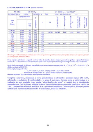 88
CÁLCULOS DA SEDIMENTAÇÃO (preencha as lacunas)
Mh=120g Mfs=114,3 g ∅ = [ 1800 η . a / {t.(δ-δd)} ] 0,5
DENSIMETRO Nº 390266 PROVETA Nº 2960 Q/LC= N.δ / [mfs.(δ-1) = 13,71
Tempo decorrido
hora
de
leitura Em
seg
TemperaturaºC
L Ld
Lc=L–Ld+0,0012
a=Alturadequeda
ηx106
(Viscosidad
e)
∅maxdogrãoem
suspensão(mm)
Q%=%<∅da
amostratotal
8:00’30” 30 seg 30 19,2
8:01’00” 1 min 60 19,2 1,031 1,00784 0,0244 14,8 10,48 0,052 33,45
8:02’ 2 min 120 19,2 1,030
8:04 4 min 240 19,2 1,028
8:08’ 8 min 480 19,2 1,026
8:15’ 15 min 900 19,2 1,024
8:30 30 min 1800 19,2 1,020
9:00’40” 1 hora 3640 19,6 1,017 1,00778 0,0104 11,2 10,36 0,006 14,25
10:00 2 h 7200 20 1,016
12:00 4 h 14400 20,2 1,015
16:00 8 h 28800 21 1,014
8:00 24 h 86400 19,3 1,011
Observe que o laboratorista fez a leitura de 1 hora com quarenta segundos de atraso. O tempo(t), expresso em segundos, teve de
ser corrigido (de 3600 para 3640 s).
Neste exemplo, calculamos a segunda e oitava linhas da planilha. Como exercício, consulte os gráficos e preencha todas as
lacunas (L e Ld devem ser lidos com pelo menos quatro casas decimais) e a altura de queda com pelo menos uma casa decimal.
O cálculo da viscosidade foi feito por interpolação entre os valores para as temperaturas de 19º (10,54 . 10-6
) e 20º (10,24 . 10-6
)
obtidos na tabela da NBR7181:
Por exemplo, na segunda linha:
η.106
= 10,54 + 0,2.(10,54 - 10,24 )/ (19-20) = 10,54-0,06 = 10,48
(lembre-se de multiplicar por 10-6
, que é o mesmo que dividir por 1 000 000).
Onde for necessário, faça você também as interpolações necessárias.
Complete o exercício, desenhando a curva granulométrica e calculando o diâmetro efetivo, d30 e d60,
calculando o coeficiente de uniformidade e o grau de curvatura. Conclua sobre a uniformidade e a
graduação do solo estudado. Após estudar “classificações dos solos”, v. poderá fazer a classificação
granulométrica, com auxílio do triângulo de Feret. Uma classificação de maior valor geotécnico, como a do
TRB (Transportation Research Board) ou SUCS (Sistema Unificado de Classificação de Solos) só poderá
ser feita com o conhecimento dos limites de consistência, ainda não estudados.
 