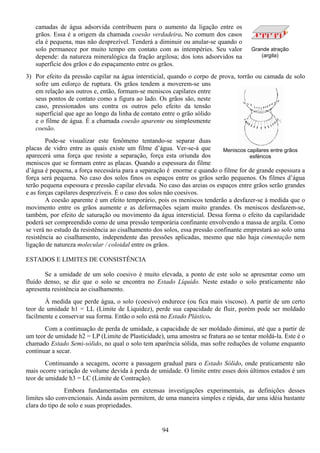 94
Meniscos capilares entre grãos
esféricos
Grande atração
(argila)
camadas de água adsorvida contribuem para o aumento da ligação entre os
grãos. Essa é a origem da chamada coesão verdadeira. No comum dos casos
ela é pequena, mas não desprezível. Tenderá a diminuir ou anular-se quando o
solo permanece por muito tempo em contato com as intempéries. Seu valor
depende: da natureza mineralógica da fração argilosa; dos íons adsorvidos na
superfície dos grãos e do espaçamento entre os grãos.
3) Por efeito da pressão capilar na água intersticial, quando o corpo de prova, torrão ou camada de solo
sofre um esforço de ruptura. Os grãos tendem a moverem-se uns
em relação aos outros e, então, formam-se meniscos capilares entre
seus pontos de contato como a figura ao lado. Os grãos são, neste
caso, pressionados uns contra os outros pelo efeito da tensão
superficial que age ao longo da linha de contato entre o grão sólido
e o filme de água. É a chamada coesão aparente ou simplesmente
coesão.
Pode-se visualizar este fenômeno tentando-se separar duas
placas de vidro entre as quais existe um filme d’água. Ver-se-á que
aparecerá uma força que resiste a separação, força esta oriunda dos
meniscos que se formam entre as placas. Quando a espessura do filme
d’água é pequena, a força necessária para a separação é enorme e quando o filme for de grande espessura a
força será pequena. No caso dos solos finos os espaços entre os grãos serão pequenos. Os filmes d’água
terão pequena espessura e pressão capilar elevada. No caso das areias os espaços entre grãos serão grandes
e as forças capilares desprezíveis. É o caso dos solos não coesivos.
A coesão aparente é um efeito temporário, pois os meniscos tenderão a desfazer-se à medida que o
movimento entre os grãos aumente e as deformações sejam muito grandes. Os meniscos desfazem-se,
também, por efeito de saturação ou movimento da água intersticial. Dessa forma o efeito da capilaridade
poderá ser compreendido como de uma pressão temporária confinante envolvendo a massa de argila. Como
se verá no estudo da resistência ao cisalhamento dos solos, essa pressão confinante emprestará ao solo uma
resistência ao cisalhamento, independente das pressões aplicadas, mesmo que não haja cimentação nem
ligação de natureza molecular / coloidal entre os grãos.
ESTADOS E LIMITES DE CONSISTÊNCIA
Se a umidade de um solo coesivo é muito elevada, a ponto de este solo se apresentar como um
fluído denso, se diz que o solo se encontra no Estado Líquido. Neste estado o solo praticamente não
apresenta resistência ao cisalhamento.
À medida que perde água, o solo (coesivo) endurece (ou fica mais viscoso). A partir de um certo
teor de umidade h1 = LL (Limite de Liquidez), perde sua capacidade de fluir, porém pode ser moldado
facilmente e conservar sua forma. Então o solo está no Estado Plástico.
Com a continuação de perda de umidade, a capacidade de ser moldado diminui, até que a partir de
um teor de umidade h2 = LP (Limite de Plasticidade), uma amostra se fratura ao se tentar moldá-la. Este é o
chamado Estado Semi-sólido, no qual o solo tem aparência sólida, mas sofre reduções de volume enquanto
continuar a secar.
Continuando a secagem, ocorre a passagem gradual para o Estado Sólido, onde praticamente não
mais ocorre variação de volume devida à perda de umidade. O limite entre esses dois últimos estados é um
teor de umidade h3 = LC (Limite de Contração).
Embora fundamentadas em extensas investigações experimentais, as definições desses
limites são convencionais. Ainda assim permitem, de uma maneira simples e rápida, dar uma idéia bastante
clara do tipo de solo e suas propriedades.
 
