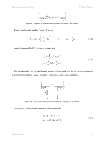Representação dos Sistemas de Potência Prof. Luciano V. Barboza
Sistemas de Potência I 8
Ei
Ek
Iik
Iki
p
i k
yik
a:1
Figura 1.7. Esquema de um transformador com tap fora do seu valor nominal.
Para o transformador ideal da Figura 1.7, tem-se
1
eki
i p k ik ki
ik
I
E aE a E I I
y a
⎛ ⎞
= = − + = −⎜ ⎟
⎝ ⎠
(1.12)
A partir das equações (1.12), pode-se escrever que
2
1
1 1
ki ik i ik k
ik ik i ik k
I y E y E
a
I y E y E
a a
= − +
= −
(1.13)
Um transformador com tap fora do valor nominal pode ser modelado por um circuito equivalente
π, conforme mostrado na Figura 1.8, onde os parâmetros A, B e C são admitâncias.
Ei
Ek
Iik
Iki
i k
A
CB
Figura 1.8. Circuito equivalente π de um transformador com tap fora do nominal.
As equações que representam o modelo π equivalente são
( )
( )
ik i k
ki i k
I A B E AE
I AE A C E
= + −
= − + +
(1.14)
 