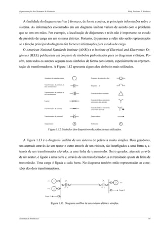 Representação dos Sistemas de Potência Prof. Luciano V. Barboza
Sistemas de Potência I 16
A finalidade do diagrama unifilar é fornecer, de forma concisa, as principais informações sobre o
sistema. As informações encontradas em um diagrama unifilar variam de acordo com o problema
que se tem em mãos. Por exemplo, a localização de disjuntores e relés não é importante no estudo
de previsão de carga em um sistema elétrico. Portanto, disjuntores e relés não serão representados
se a função principal do diagrama for fornecer informações para estudos de carga.
O American National Standards Institute (ANSI) e o Institute of Electrical and Electronics En-
gineers (IEEE) publicaram um conjunto de símbolos padronizados para os diagramas elétricos. Po-
rém, nem todos os autores seguem esses símbolos de forma consistente, especialmente na represen-
tação de transformadores. A Figura 1.12 apresenta alguns dos símbolos mais utilizados.
Armadura de máquina girante
Transformador de potência de
dois enrolamentos
Transformador de potência de
três enrolamentos
Fusível
Transformador de corrente
Disjuntor de potência a óleo
Disjuntor a ar
Conexão trifásica em delta
Conexão trifásica em estrela
com neutro não aterrado
Conexão trifásica em estrela
com neutro aterrado
Transformador de potencial Carga estática
A VAmperímetro Voltímetro
Figura 1.12. Símbolos dos dispositivos de potência mais utilizados.
A Figura 1.13 é o diagrama unifilar de um sistema de potência muito simples. Dois geradores,
um aterrado através de um reator e outro através de um resistor, são interligados a uma barra e, a-
través de um transformador elevador, a uma linha de transmissão. Outro gerador, aterrado através
de um reator, é ligado a uma barra e, através de um transformador, à extremidade oposta da linha de
transmissão. Uma carga é ligada a cada barra. No diagrama também estão representadas as cone-
xões dos dois transformadores.
Carga A
Carga B
1
2
T1 T2
3
Figura 1.13. Diagrama unifilar de um sistema elétrico simples.
 