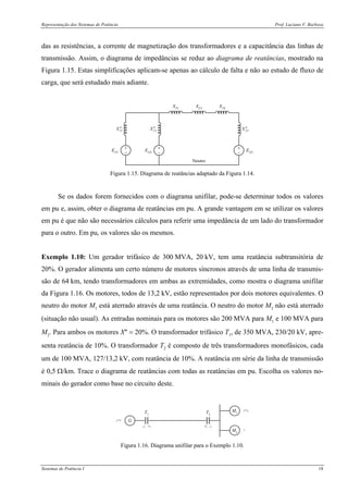 Representação dos Sistemas de Potência Prof. Luciano V. Barboza
Sistemas de Potência I 18
das as resistências, a corrente de magnetização dos transformadores e a capacitância das linhas de
transmissão. Assim, o diagrama de impedâncias se reduz ao diagrama de reatâncias, mostrado na
Figura 1.15. Estas simplificações aplicam-se apenas ao cálculo de falta e não ao estudo de fluxo de
carga, que será estudado mais adiante.
+
−
+
−
+
−
EG3EG1 EG2
XT1
XT2
XLT
Neutro
1GX ′′ 2GX ′′ 3GX ′′
Figura 1.15. Diagrama de reatâncias adaptado da Figura 1.14.
Se os dados forem fornecidos com o diagrama unifilar, pode-se determinar todos os valores
em pu e, assim, obter o diagrama de reatâncias em pu. A grande vantagem em se utilizar os valores
em pu é que não são necessários cálculos para referir uma impedância de um lado do transformador
para o outro. Em pu, os valores são os mesmos.
Exemplo 1.10: Um gerador trifásico de 300 MVA, 20 kV, tem uma reatância subtransitória de
20%. O gerador alimenta um certo número de motores síncronos através de uma linha de transmis-
são de 64 km, tendo transformadores em ambas as extremidades, como mostra o diagrama unifilar
da Figura 1.16. Os motores, todos de 13,2 kV, estão representados por dois motores equivalentes. O
neutro do motor M1 está aterrado através de uma reatância. O neutro do motor M2 não está aterrado
(situação não usual). As entradas nominais para os motores são 200 MVA para M1 e 100 MVA para
M2. Para ambos os motores X″ = 20%. O transformador trifásico T1, de 350 MVA, 230/20 kV, apre-
senta reatância de 10%. O transformador T2 é composto de três transformadores monofásicos, cada
um de 100 MVA, 127/13,2 kV, com reatância de 10%. A reatância em série da linha de transmissão
é 0,5 Ω/km. Trace o diagrama de reatâncias com todas as reatâncias em pu. Escolha os valores no-
minais do gerador como base no circuito deste.
G
M1
M2
T1 T2
Figura 1.16. Diagrama unifilar para o Exemplo 1.10.
 