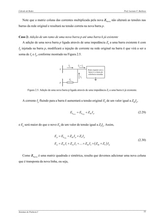 Cálculo de Redes Prof. Luciano V. Barboza
Sistemas de Potência I 33
Note que a matriz coluna das correntes multiplicada pela nova Zbarra não alterará as tensões nas
barras da rede original e resultará na tensão correta na nova barra p.
Caso 2: Adição de um ramo de uma nova barra p até uma barra k já existente
A adição de uma nova barra p ligada através de uma impedância Zb a uma barra existente k com
Ip injetada na barra p, modificará a injeção de corrente na rede original na barra k que virá a ser a
soma de Ik e Ip, conforme mostrado na Figura 2.5.
Rede original com a
barra k e a barra de
referência extraídas
k
p
Zb
Ik
Ip
Ik
+ Ip
Figura 2.5. Adição de uma nova barra p ligada através de uma impedância Zb a uma barra k já existente.
A corrente Ip fluindo para a barra k aumentará a tensão original Ek de um valor igual a ZkkIp,
nova origk k kk pE E Z I= + (2.29)
e Ep será maior do que o novo Ek de um valor de tensão igual a ZbIp. Assim,
( )1 1 2 2
origp k kk p b p
p k k kn n kk b p
E E Z I Z I
E Z I Z I Z I Z Z I
= + +
= + + + + +…
(2.30)
Como Zbarra é uma matriz quadrada e simétrica, resulta que devemos adicionar uma nova coluna
que é transposta da nova linha, ou seja,
 