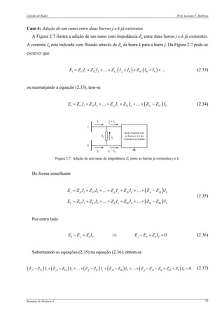 Cálculo de Redes Prof. Luciano V. Barboza
Sistemas de Potência I 35
Caso 4: Adição de um ramo entre duas barras j e k já existentes
A Figura 2.7 ilustra a adição de um ramo com impedância Zb entre duas barras j e k já existentes.
A corrente Ib está indicada com fluindo através de Zb da barra k para a barra j. Da Figura 2.7 pode-se
escrever que
( ) ( )1 11 1 12 2 1 1j j b k k bE Z I Z I Z I I Z I I= + + + + + − +… … (2.33)
ou rearranjando a equação (2.33), tem-se
( )1 11 1 12 2 1 1 1 1j j k k j k bE Z I Z I Z I Z I Z Z I= + + + + + + −… … (2.34)
Rede original com
as barras j, k e de
referência extraídas
j
k
Zb
Ij
Ib
Ij
+ Ib
Ik Ik − Ib
Figura 2.7. Adição de um ramo de impedância Zb entre as barras já existentes j e k.
De forma semelhante
( )
( )
1 1 2 2
1 1 2 2
j j j jj j jk k jj jk b
k k k kj j kk k kj kk b
E Z I Z I Z I Z I Z Z I
E Z I Z I Z I Z I Z Z I
= + + + + + + −
= + + + + + + −
… …
… …
(2.35)
Por outro lado
0k j b b j k b bE E Z I E E Z I− = ⇒ − + = (2.36)
Substituindo as equações (2.35) na equação (2.36), obtem-se
( ) ( ) ( ) ( ) ( )1 1 1 2 2 2 0j k j k jj kj j jk kk k jj jk kj kk b bZ Z I Z Z I Z Z I Z Z I Z Z Z Z Z I− + − + + − + − + + − − + + =… … (2.37)
 