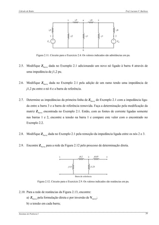 Cálculo de Redes Prof. Luciano V. Barboza
Sistemas de Potência I 39
+
−
+
−
EA
EB
−j5
−j2 −j1 −j1
−j8
−j5 −j4
1
3 4 5
2
0
Figura 2.11. Circuito para o Exercício 2.4. Os valores indicados são admitâncias em pu.
2.5. Modifique Zbarra dada no Exemplo 2.1 adicionando um novo nó ligado à barra 4 através de
uma impedância de j1,2 pu.
2.6. Modifique Zbarra dada no Exemplo 2.1 pela adição de um ramo tendo uma impedância de
j1,2 pu entre o nó 4 e a barra de referência.
2.7. Determine as impedâncias da primeira linha de Zbarra do Exemplo 2.1 com a impedância liga-
da entre a barra 3 e a barra de referência removida. Faça a determinação pela modificação da
matriz Zbarra encontrada no Exemplo 2.1. Então, com as fontes de corrente ligadas somente
nas barras 1 e 2, encontre a tensão na barra 1 e compare este valor com o encontrado no
Exemplo 2.2.
2.8. Modifique Zbarra dada no Exemplo 2.1 pela remoção da impedância ligada entre os nós 2 e 3.
2.9. Encontre Zbarra para a rede da Figura 2.12 pelo processo de determinação direta.
Barra de referência
j1,0 j1,25
j0,2 j0,051 2 3
Figura 2.12. Circuito para o Exercício 2.9. Os valores indicados são reatâncias em pu.
2.10. Para a rede de reatâncias da Figura 2.13, encontre:
a) Zbarra pela formulação direta e por inversão de Ybarra;
b) a tensão em cada barra;
 