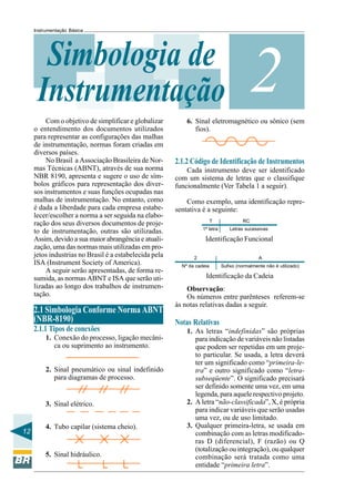 12 
InstrumSentaçãio Bmásica bologia de 2 
Instrumentação 
Com o objetivo de simplificar e globalizar 
o entendimento dos documentos utilizados 
para representar as configurações das malhas 
de instrumentação, normas foram criadas em 
diversos países. 
No Brasil a Associação Brasileira de Nor-mas 
Técnicas (ABNT), através de sua norma 
NBR 8190, apresenta e sugere o uso de sím-bolos 
gráficos para representação dos diver-sos 
instrumentos e suas funções ocupadas nas 
malhas de instrumentação. No entanto, como 
é dada a liberdade para cada empresa estabe-lecer/ 
escolher a norma a ser seguida na elabo-ração 
dos seus diversos documentos de proje-to 
de instrumentação, outras são utilizadas. 
Assim, devido a sua maior abrangência e atuali-zação, 
uma das normas mais utilizadas em pro-jetos 
industrias no Brasil é a estabelecida pela 
ISA (Instrument Society of America). 
A seguir serão apresentadas, de forma re-sumida, 
as normas ABNT e ISA que serão uti-lizadas 
ao longo dos trabalhos de instrumen-tação. 
2.1 Simbologia Conforme Norma ABNT 
(NBR-8190) 
2.1.1 Tipos de conexões 
1. Conexão do processo, ligação mecâni-ca 
ou suprimento ao instrumento. 
2. Sinal pneumático ou sinal indefinido 
para diagramas de processo. 
3. Sinal elétrico. 
4. Tubo capilar (sistema cheio). 
5. Sinal hidráulico. 
6. Sinal eletromagnético ou sônico (sem 
fios). 
2.1.2 Código de Identificação de Instrumentos 
Cada instrumento deve ser identificado 
com um sistema de letras que o classifique 
funcionalmente (Ver Tabela 1 a seguir). 
Como exemplo, uma identificação repre-sentativa 
é a seguinte: 
T RC 
1ª letra Letras sucessivas 
Identificação Funcional 
2 A 
Nº da cadeia Sufixo (normalmente não é utilizado) 
Identificação da Cadeia 
Observação: 
Os números entre parênteses referem-se 
às notas relativas dadas a seguir. 
Notas Relativas 
1. As letras “indefinidas” são próprias 
para indicação de variáveis não listadas 
que podem ser repetidas em um proje-to 
particular. Se usada, a letra deverá 
ter um significado como “primeira-le-tra” 
e outro significado como “letra-subseqüente”. 
O significado precisará 
ser definido somente uma vez, em uma 
legenda, para aquele respectivo projeto. 
2. A letra “não-classificada”, X, é própria 
para indicar variáveis que serão usadas 
uma vez, ou de uso limitado. 
3. Qualquer primeira-letra, se usada em 
combinação com as letras modificado-ras 
D (diferencial), F (razão) ou Q 
(totalização ou integração), ou qualquer 
combinação será tratada como uma 
entidade “primeira letra”. 
 