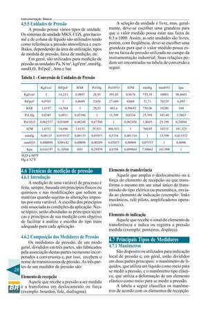 28 
Instrumentação Básica 
4.5.5 Unidades de Pressão 
A pressão possui vários tipos de unidade. 
Os sistemas de unidade MKS, CGS, gravitacio-nal 
e de coluna de líquido são utilizados tendo 
como referência a pressão atmosférica e esco-lhidos, 
dependendo da área de utilização, tipos 
de medida de pressão, faixa de medição, etc. 
Em geral, são utilizados para medição de 
pressão as unidades Pa, N/m2, kgf/cm2, mmHg, 
mmH2O, lbf/pol2, Atm e bar. 
Tabela 1 - Conversão de Unidades de Pressão 
A seleção da unidade é livre, mas, geral-mente, 
deve-se escolher uma grandeza para 
que o valor medido possa estar nas faixa de 
0,1 a 1000. Assim, as sete unidades são livres, 
porém, com freqüência, deve-se escolher uma 
grandeza para que o valor medido possa es-tar 
na faixa de pressão utilizada no campo da 
instrumentação industrial. Suas relações po-dem 
ser encontradas na tabela de conversão a 
seguir. 
Kgf/cm2 Ibf/pol2 BAR Pol Hg Pol H2O ATM mmHg mmH2O kpa 
Kgf/cm2 1 14,233 0,9807 28,95 393,83 0,9678 735,58 10003 98,0665 
lbf/pol2 0,0703 1 0,0689 2,036 27,689 0,068 51,71 70329 6,895 
BAR 1,0197 14,504 1 29,53 401,6 0,98692 750,06 10200 100 
Pol Hg 0,0345 0,4911 0,03386 1 13,599 0,0334 25,399 345,40 3,3863 
Pol H2O 0,002537 0,03609 0,00249 0,07348 1 0,002456 1,8665 25,399 0,24884 
ATM 1,0332 14,696 1,0133 29,921 406,933 1 760,05 10335 101,325 
mmHg 0,00135 0,019337 0,00133 0,03937 0,5354 0,001316 1 13,598 0,013332 
mmH2O 0,000099 0,00142 0,00098 0,00289 0,03937 0,00009 0,07353 1 0,0098 
Kpa 0,010197 0,14504 0,01 0,29539 4,0158 0,009869 7,50062 101,998 1 
H2O a 60°F 
Hg a 32°F 
Elemento de transferência 
Aquele que amplia o deslocamento ou a 
força do elemento de recepção ou que trans-forma 
o mesmo em um sinal único de trans-missão 
do tipo elétrica ou pneumática, envia-da 
ao elemento de indicação (exemplo: links 
mecânicos, relé piloto, amplificadores opera-cionais). 
Elemento de indicação 
Aquele que recebe o sinal do elemento de 
transferência e indica ou registra a pressão 
medida (exemplo: ponteiros, displays). 
4.7 Principais Tipos de Medidores 
4.7.1 Manômetros 
São dispositivos utilizados para indicação 
local de pressão e, em geral, estão divididos 
em duas partes principais: o manômetro de lí-quidos, 
que utiliza um líquido como meio para 
se medir a pressão, e o manômetro tipo elásti-co, 
que utiliza a deformação de um elemento 
elástico como meio para se medir a pressão. 
A tabela a seguir classifica os manôme-tros 
de acordo com os elementos de recepção. 
4.6 Técnicas de medição de pressão 
4.6.1 Introdução 
A medição de uma variável de processo é 
feita, sempre, baseada em princípios físicos ou 
químicos e nas modificações que sofrem as 
matérias quando sujeitas às alterações impos-tas 
por esta variável. A escolha dos princípios 
está associada às condições da aplicação. Nes-se 
tópico, serão abordadas as principais técni-cas 
e princípios de sua medição com objetivo 
de facilitar a análise e escolha do tipo mais 
adequado para cada aplicação. 
4.6.2 Composição dos Medidores de Pressão 
Os medidores de pressão, de um modo 
geral, divididos em três partes, são fabricados 
pela associação destas partes ou mesmo incor-porados 
a conversores e, por isso, recebem o 
nome de transmissores de pressão. As três par-tes 
de um medidor de pressão são: 
Elemento de recepção 
Aquele que recebe a pressão a ser medida 
e a transforma em deslocamento ou força 
(exemplo: bourdon, fole, diafragma). 
 
