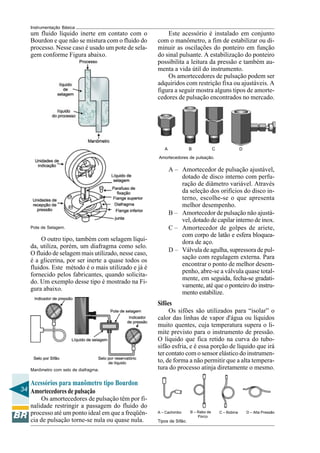 34 
Instrumentação Básica 
Pote de Selagem. 
Manômetro com selo de diafragma. 
Acessórios para manômetro tipo Bourdon 
Amortecedores de pulsação 
Os amortecedores de pulsação têm por fi-nalidade 
restringir a passagem do fluido do 
processo até um ponto ideal em que a freqüên-cia 
de pulsação torne-se nula ou quase nula. 
B C D 
Amortecedores de pulsação. 
A – Amortecedor de pulsação ajustável, 
dotado de disco interno com perfu-ração 
de diâmetro variável. Através 
da seleção dos orifícios do disco in-terno, 
escolhe-se o que apresenta 
melhor desempenho. 
B – Amortecedor de pulsação não ajustá-vel, 
dotado de capilar interno de inox. 
C – Amortecedor de golpes de ariete, 
com corpo de latão e esfera bloquea-dora 
de aço. 
D – Válvula de agulha, supressora de pul-sação 
com regulagem externa. Para 
encontrar o ponto de melhor desem-penho, 
abre-se a válvula quase total-mente, 
em seguida, fecha-se gradati-vamente, 
até que o ponteiro do instru-mento 
estabilize. 
Sifões 
Os sifões são utilizados para “isolar” o 
calor das linhas de vapor d'água ou líquidos 
muito quentes, cuja temperatura supera o li-mite 
previsto para o instrumento de pressão. 
O líquido que fica retido na curva do tubo-sifão 
esfria, e é essa porção de líquido que irá 
ter contato com o sensor elástico do instrumen-to, 
de forma a não permitir que a alta tempera-tura 
do processo atinja diretamente o mesmo. 
A – Cachimbo B – Rabo de 
Tipos de Sifão. 
Porco 
C – Bobina D – Alta Pressão 
A 
um fluido líquido inerte em contato com o 
Bourdon e que não se mistura com o fluido do 
processo. Nesse caso é usado um pote de sela-gem 
conforme Figura abaixo. 
Este acessório é instalado em conjunto 
com o manômetro, a fim de estabilizar ou di-minuir 
as oscilações do ponteiro em função 
do sinal pulsante. A estabilização do ponteiro 
possibilita a leitura da pressão e também au-menta 
a vida útil do instrumento. 
Os amortecedores de pulsação podem ser 
adquiridos com restrição fixa ou ajustáveis. A 
figura a seguir mostra alguns tipos de amorte-cedores 
de pulsação encontrados no mercado. 
O outro tipo, também com selagem líqui-da, 
utiliza, porém, um diafragma como selo. 
O fluido de selagem mais utilizado, nesse caso, 
é a glicerina, por ser inerte a quase todos os 
fluidos. Este método é o mais utilizado e já é 
fornecido pelos fabricantes, quando solicita-do. 
Um exemplo desse tipo é mostrado na Fi-gura 
abaixo. 
 