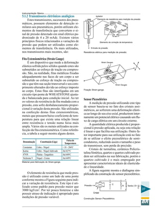 Instrumentação Básica 
37 
Resistência elétrica para medição de pressão. 
5.1.2 Transmissores eletrônicos analógicos 
Estes transmissores, sucessores dos pneu-máticos, 
possuem elementos de detecção si-milares 
aos pneumáticos, porém utilizam ele-mentos 
de transferência que convertem o si-nal 
de pressão detectado em sinal elétrico pa-dronizado 
de 4 a 20 mAdc. Existem vários 
princípios físicos relacionados a variações de 
pressão que podem ser utilizados como ele-mentos 
de transferência. Os mais utilizados, 
nos transmissores mais recentes, são: 
Fita Extensiométrica (Strain Gauge) 
É um dispositivo que mede a deformação 
elástica sofrida pelos sólidos quando estes são 
submetidos ao esforço de tração ou compres-são. 
São, na realidade, fitas metálicas fixadas 
adequadamente nas faces de um corpo a ser 
submetido ao esforço de tração ou compres-são 
e que têm sua seção transversal e seu com-primento 
alterados devido ao esforço imposto 
ao corpo. Estas fitas são interligadas em um 
circuito tipo ponte de WHEATSTONE ajusta-da 
e balanceada para condição inicial. Ao ter 
os valores de resistência da fita mudada com a 
pressão, esta sofre desbalanceamento propor-cional 
à variação desta pressão. São utilizadas 
na confecção destas fitas extensiométricas, 
metais que possuem baixo coeficiente de tem-peratura 
para que exista uma relação linear 
entre resistência e tensão numa faixa mais 
ampla. Vários são os metais utilizados na con-fecção 
da fita extensiométrica. Como referên-cia, 
a tabela a seguir mostra alguns destes. 
Denominação Constituição (Liga) 
Constantan 
Karma 
479 Pt 
Nichrome V 
Faixa de 
Temperatura 
Cobre – Níquel 
Cobre – Níquel Aditivado 
Platina – Tungstênio 
Níquel – Cromo 
+ 10 ~ 204oC 
Até 427oC 
Até 649oC 
Até 649oC 
Material para fabricação de Strain-gange. 
O elemento de resistência que mede pres-são 
é utilizado como um lado de uma ponte 
conforme mostra a Figura seguinte para indi-car 
a variação de resistência. Este tipo é uti-lizado 
como padrão para pressão maior que 
3000 kgf/cm2. Por ter pouca histerese e não 
possuir atraso de indicação é apropriado para 
medições de pressão variável. 
Fixação Strain-gange. 
Sensor Piezoelétrico 
A medição de pressão utilizando este tipo 
de sensor baseia-se no fato dos cristais assi-métricos, 
ao sofrerem uma deformação elásti-ca 
ao longo do seu eixo axial, produzirem inter-namente 
um potencial elétrico causando um flu-xo 
de carga elétrica em um circuito externo. 
A quantidade elétrica produzida é propor-cional 
à pressão aplicada, ou seja esta relação 
é linear o que facilita sua utilização. Outro fa-tor 
importante para sua utilização está no fato 
de se utilizar o efeito piezoelétrico de semi-condutores, 
reduzindo assim o tamanho e peso 
do transmissor, sem perda de precisão. 
Cristais de turmalina, cerâmica Policris-talina 
Sintética, quartzo e quartzo cultivado po-dem 
ser utilizados na sua fabricação, porém o 
quartzo cultivado é o mais empregado por 
apresentar características ideais de elasticida-de 
e linearidade. 
A figura seguinte mostra o diafragma sim-plificado 
da construção do sensor piezoelétrico. 
Construção Sensor Piezoelétrico. 
 