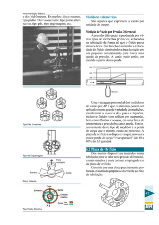 Instrumentação Básica 
43 
e dos hidrômetros. Exemplos: disco nutante, 
tipo pistão rotativo oscilante, tipo pistão alter-nativo, 
tipo pás, tipo engrenagem, etc. 
Tipo Pás Giratórias. 
Tipo de Engrenagem. 
Disco Nutante. 
Tipo Pistão Rotativo. 
Medidores volumétricos 
São aqueles que exprimem a vazão por 
unidade de tempo. 
Medição de Vazão por Pressão Diferencial 
A pressão diferencial é produzida por vá-rios 
tipos de elementos primários, colocados 
na tubulação de forma tal que o fluido passa 
através deles. Sua função é aumentar a veloci-dade 
do fluido diminuindo a área da seção em 
um pequeno comprimento para haver uma 
queda de pressão. A vazão pode então, ser 
medida a partir desta queda. 
Uma vantagem primordial dos medidores 
de vazão por ΔP é que os mesmos podem ser 
aplicados numa grande variedade de medições, 
envolvendo a maioria dos gases e líquidos, 
inclusive fluidos com sólidos em suspensão, 
bem como fluídos viscosos, em uma faixa de 
temperatura e pressão bastante ampla. Um in-conveniente 
deste tipo de medidor é a perda 
de carga que o mesmo causa ao processo. A 
placa de orifício é o dispositivo que provoca a 
maior perda de carga “irrecuperável” (de 40 a 
80% do ΔP gerado). 
6.2 Placa de Orifício 
Dos muitos dispositivos inseridos numa 
tubulação para se criar uma pressão diferencial, 
o mais simples e mais comum empregado é o 
da placa de orifício. 
Consiste em uma placa precisamente per-furada, 
e instalada perpendicularmente ao eixo 
de tubulação. 
 