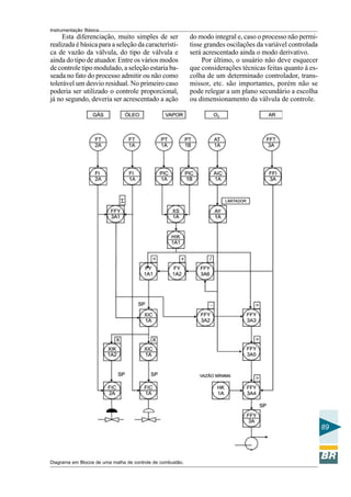 Instrumentação Básica 
89 
Esta diferenciação, muito simples de ser 
realizada é básica para a seleção da característi-ca 
de vazão da válvula, do tipo de válvula e 
ainda do tipo de atuador. Entre os vários modos 
de controle tipo modulado, a seleção estaria ba-seada 
no fato do processo admitir ou não como 
tolerável um desvio residual. No primeiro caso 
poderia ser utilizado o controle proporcional, 
já no segundo, deveria ser acrescentado a ação 
Diagrama em Blocos de uma malha de controle de combustão. 
do modo integral e, caso o processo não permi-tisse 
grandes oscilações da variável controlada 
será acrescentado ainda o modo derivativo. 
Por último, o usuário não deve esquecer 
que considerações técnicas feitas quanto à es-colha 
de um determinado controlador, trans-missor, 
etc. são importantes, porém não se 
pode relegar a um plano secundário a escolha 
ou dimensionamento da válvula de controle. 
 