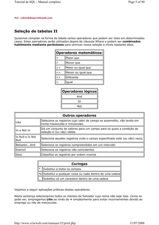 Tutorial de SQL - Manual completo                                                     Page 5 of 90



Mail: ruben@desarrolloweb.com




Seleção de tabelas II
Quisemos compilar na forma de tabela certos operadores que podem ser úteis em determinados
casos. Estes operadores serão utilizados depois da cláusula Where e podem ser combinados
habilmente mediante parênteses para otimizar nossa seleção a níveis bastante altos.


                                  Operadores matemáticos:
                                  >      Maior que
                                  <      Menor que
                                  >=     Maior ou igual que
                                  <=     Menor ou igual que
                                  <>     Diferente
                                  =      Igual


                                       Operadores lógicos
                                                 And
                                                  Or
                                                 Not


                                       Outros operadores
                       Seleciona os registros cujo valor de campo se assemelhe, não tendo em
Like
                       conta maiúsculas e minúsculas.
                       Dá um conjunto de valores para um campo para os quais a condição de
In e Not In
                       seleção é (ou não) válida
Is Null e Is Not
                       Seleciona aqueles registros onde o campo especificado está (ou não) vazio.
Null
Between...And          Seleciona os registros compreendidos em um intervalo
Distinct               Seleciona os registros não coincidentes
Desc                   Classifica os registros por ordem inversa


                                             Curingas
                   *    Substitui a todos os campos
                   % Substitui a qualquer coisa ou nada dentro de uma cadeia
                   _    Substitui só um caractere dentro de uma cadeia



Vejamos a seguir aplicações práticas destes operadores.

Nesta sentença selecionamos todos os clientes de Salvador cujo nome não seja Jose. Como se
pode ver, empregamos Like ao invés de = simplesmente para evitar inconvenientes devido ao
emprego ou não de maiúsculas.




http://www.criarweb.com/manuais/32/print.php                                           11/07/2008
 