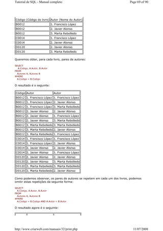 Tutorial de SQL - Manual completo                                           Page 69 of 90




Código (Código do livro) Autor (Nome do Autor)
B0012                           1. Francisco López
B0012                           2. Javier Alonso
B0012                           3. Marta Rebolledo
C0014                           1. Francisco López
C0014                           2. Javier Alonso
D0120                           2. Javier Alonso
D0120                           3. Marta Rebolledo

Queremos obter, para cada livro, pares de autores:

SELECT
   A.Codigo, A.Autor, B.Autor
FROM
  Autores A, Autores B
WHERE
  A.Codigo = B.Codigo


O resultado é o seguinte:

Código Autor                      Autor
B0012 1. Francisco López 1. Francisco López
B0012 1. Francisco López 2. Javier Alonso
B0012 1. Francisco López 3. Marta Rebolledo
B0012 2. Javier Alonso            2. Javier Alonso
B0012 2. Javier Alonso            1. Francisco López
B0012 2. Javier Alonso            3. Marta Rebolledo
B0012 3. Marta Rebolledo 3. Marta Rebolledo
B0012 3. Marta Rebolledo 2. Javier Alonso
B0012 3. Marta Rebolledo 1. Francisco López
C0014 1. Francisco López 1. Francisco López
C0014 1. Francisco López 2. Javier Alonso
C0014 2. Javier Alonso            2. Javier Alonso
C0014 2. Javier Alonso            1. Francisco López
D0120 2. Javier Alonso            2. Javier Alonso
D0120 2. Javier Alonso            3. Marta Rebolledo
D0120 3. Marta Rebolledo 3. Marta Rebolledo
D0120 3. Marta Rebolledo 2. Javier Alonso

Como podemos observar, os pares de autores se repetem em cada um dos livros, podemos
omitir estas repetições da seguinte forma:

SELECT
  A.Codigo, A.Autor, B.Autor
FROM
  Autores A, Autores B
WHERE
  A.Codigo = B.Codigo AND A.Autor < B.Autor


O resultado agora é o seguinte:




http://www.criarweb.com/manuais/32/print.php                                  11/07/2008
 
