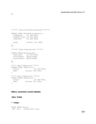 Apostila Microsoft SQL Server 7.0
GO




/****** Table RelSubdivisaoPessoa ******/

CREATE TABLE RelSubdivisaoPessoa (
  CodEmpresa    int NOT NULL,
  CodSubdivisao int NOT NULL,
  CodPessoa     int NOT NULL,

  Cargo          varchar (30) NULL
)
GO

/****** Table MovAcumulado ******/

CREATE TABLE MovAcumulado (
   CodProduto   int NOT NULL,
   TotalVendas  TQuantidade,
   TotalCompras TQuantidade
)
GO

/**** Table Temporaria *****/
CREATE TABLE Temporaria (
  Codigo                int NOT NULL,
  Nome         varchar (50) NULL
)

/**** Table Temporaria1 *****/
CREATE TABLE Temporaria (
  Codigo                int NOT NULL,
  Nome         varchar (50) NULL
)




Altera, renomeia e exclui tabelas.

Alter Table

* Campo

ALTER TABLE Pessoa
 ADD Rua     varchar(60) null,
                                                                        223
 