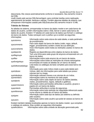 Apostila Microsoft SQL Server 7.0
desconecta. Ele cresce automaticamente confome é necessário. Seu tamanho inicial é
de 8 Mb.
msdb Usado pelo serviço SQLServerAgent, para controlar tarefas como replicação,
agendamento de tarefas, backups e alertas. Contém algumas tabelas de sistema, que
armazenam informações usadas pelo SQLExecutive.Seu tamanho inicial é 12 Mb.
Tabelas do Sistema
As tabelas do sistema, armazenadas no banco de dados master e em cada banco de
dados de usuário, contêm informações sobre o SQL Server e sobre cada banco de
dados de usuário. Existem 17 tabelas em cada banco de dados que formam o catálogo
do banco de dados. Todas começam com o prefixo sys e contém as seguintes
informações:
                        Informação sobre cada coluna de cada tabela, e cada parâmetro
syscolumns
                        de procedimento.
                        Para cada objeto de banco de dados (visão, regra, default,
syscomments
                        trigger, procedimento) contém o texto de sua definição.
                        Inclui informações sobre todas as restrições usadas no banco de
sysconstraints
                        dados.
sysdepends              Registra as dependências entre objetos do banco de dados.
                        Tem uma linha para cada grupo de arquivos armazenado em um
sysfilegroups
                        banco de dados.
sysfiles                Informações sobre cada arquivo de um banco de dados.
                        Informações sobre todas as restrições de chaves estrangeiras
sysforeignkeys
                        encontradas em todas as tabelas de um banco de dados.
                        Lista todos os catálogos de texto completo para esse banco de
sysfulltextcatatalogs
                        dados.
                        Informação para cada índice criado e para cada tabela sem
sysindexes              índices, além de informações para cada tabela que possui
                        colunas text ou image.
sysindexkeys            Informação sobreas chaves e as colunas de um índice.
sysmembers              Informações sobre os membros de cada papel.
                        Informação sobre cada objeto do banco de dados (tabelas,
sysobjects
                        visões, procedimentos, regras, defaults e gatilhos).
                        Informação sobre permissões atribuídas a usuários, grupos e
syspermissions
                        papéis em um banco de dados.
sysprotects             Permissões atribuídas à contas de segurança.
                        Informação sobre toda restrição de integridade referencial usada
sysreferences
                        numa coluna ou tabela de um banco de dados.
                        Informação sobre cada tipo de dados (do sistema ou definido
systypes
                        pelo usuário).
                        Informação sobre cada usuário que pode ter acesso ao banco de
sysusers
                        dados.
Existem também tabelas localizadas apenas no banco de dados master, que compõem
o catálogo do sistema. Elas contêm as seguintes informações:
sysallocations        Informações sobre cada unidade de alocação gerenciada pelo
                                                                                       62
 