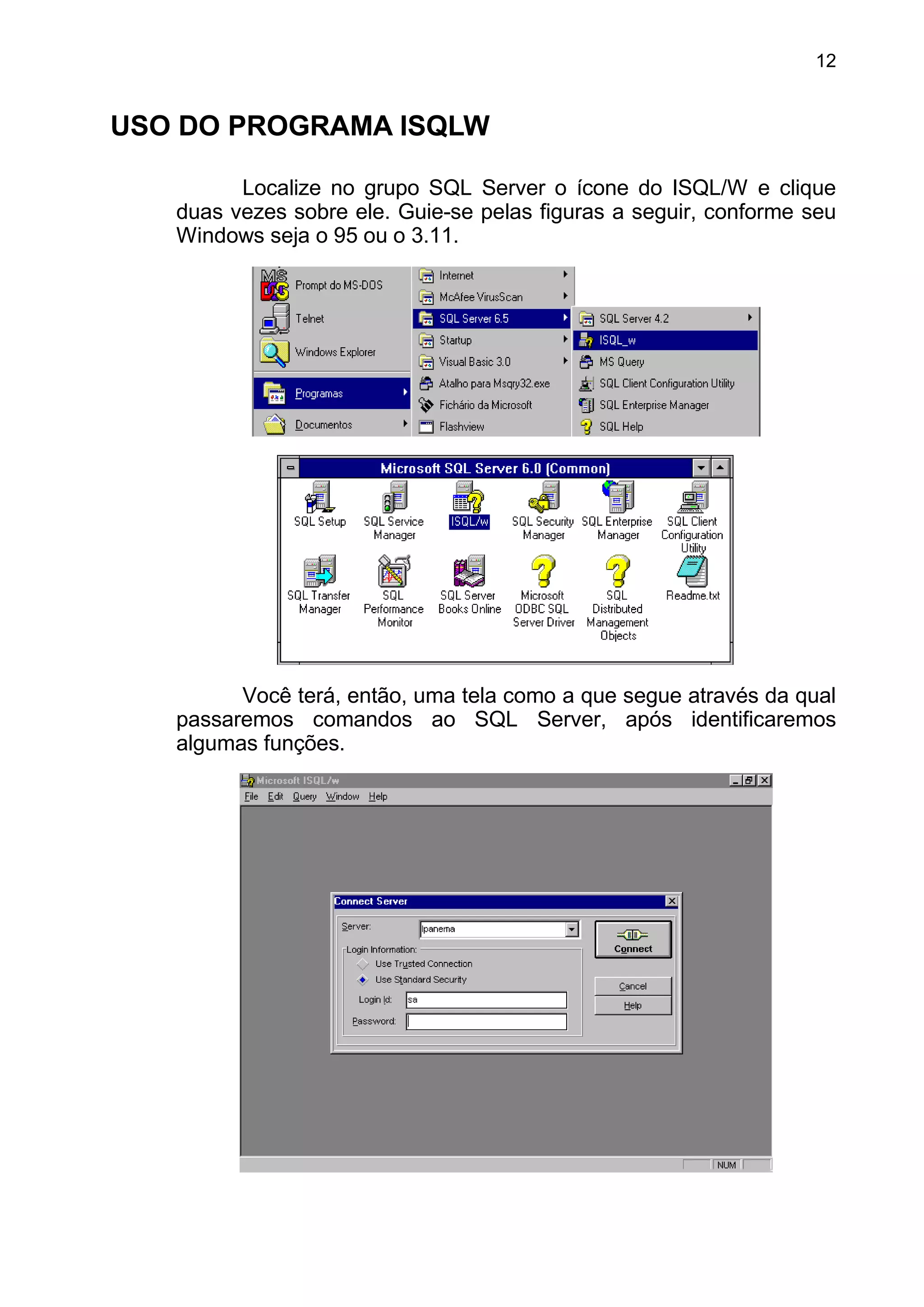 USO DO PROGRAMA ISQLW
Localize no grupo SQL Server o ícone do ISQL/W e clique
duas vezes sobre ele. Guie-se pelas figuras a seguir, conforme seu
Windows seja o 95 ou o 3.11.
Você terá, então, uma tela como a que segue através da qual
passaremos comandos ao SQL Server, após identificaremos
algumas funções.
12
 