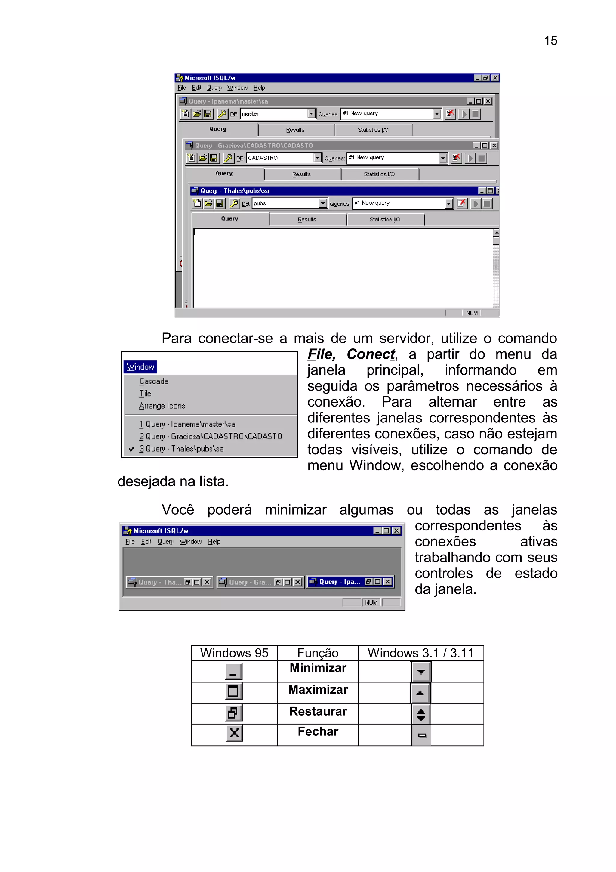 Para conectar-se a mais de um servidor, utilize o comando
File, Conect, a partir do menu da
janela principal, informando em
seguida os parâmetros necessários à
conexão. Para alternar entre as
diferentes janelas correspondentes às
diferentes conexões, caso não estejam
todas visíveis, utilize o comando de
menu Window, escolhendo a conexão
desejada na lista.
Você poderá minimizar algumas ou todas as janelas
correspondentes às
conexões ativas
trabalhando com seus
controles de estado
da janela.
Windows 95 Função Windows 3.1 / 3.11
Minimizar
Maximizar
Restaurar
Fechar
15
 