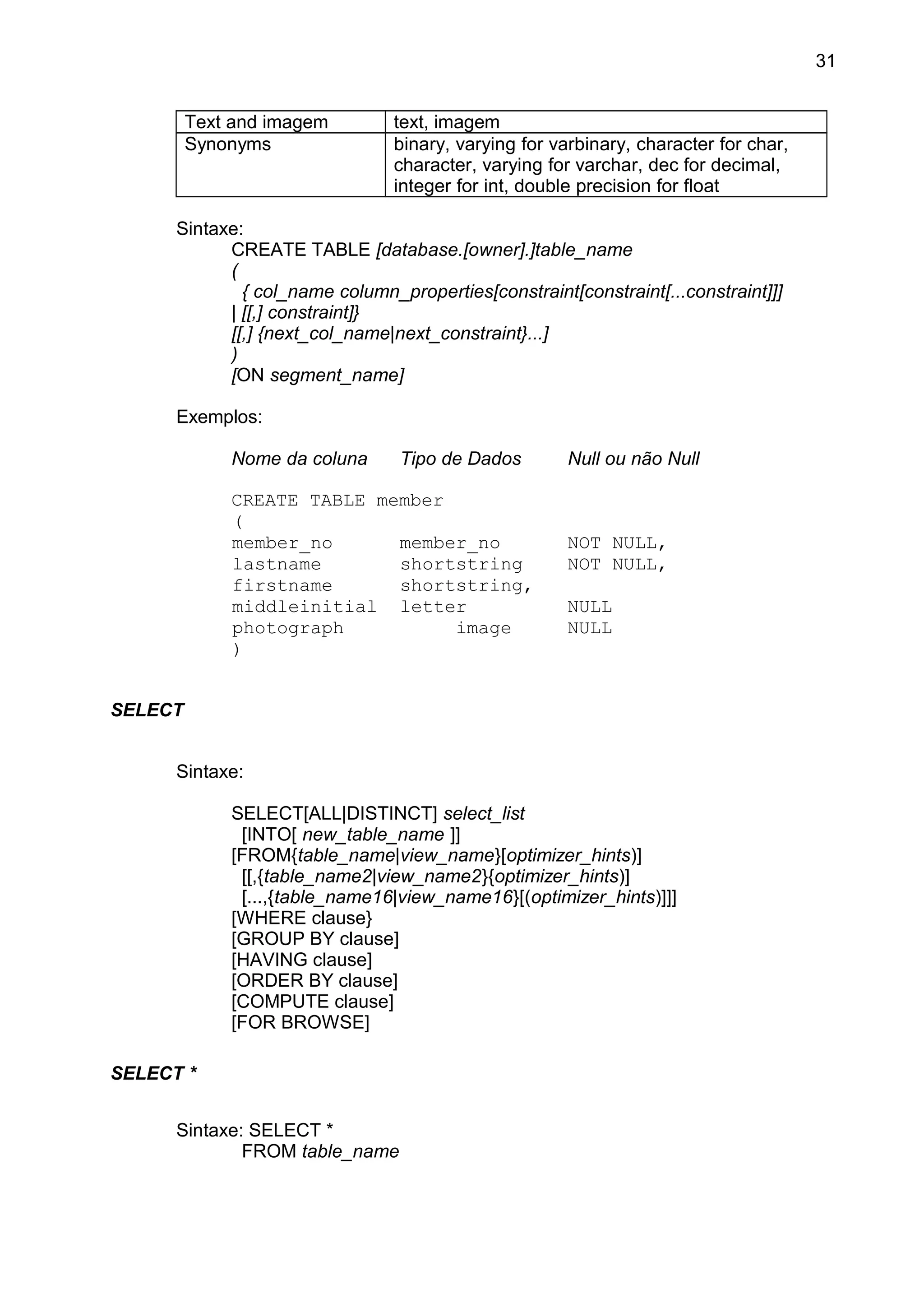 Text and imagem text, imagem
Synonyms binary, varying for varbinary, character for char,
character, varying for varchar, dec for decimal,
integer for int, double precision for float
Sintaxe:
CREATE TABLE [database.[owner].]table_name
(
{ col_name column_properties[constraint[constraint[...constraint]]]
| [[,] constraint]}
[[,] {next_col_name|next_constraint}...]
)
[ON segment_name]
Exemplos:
Nome da coluna Tipo de Dados Null ou não Null
CREATE TABLE member
(
member_no member_no NOT NULL,
lastname shortstring NOT NULL,
firstname shortstring,
middleinitial letter NULL
photograph image NULL
)
SELECT
Sintaxe:
SELECT[ALL|DISTINCT] select_list
[INTO[ new_table_name ]]
[FROM{table_name|view_name}[optimizer_hints)]
[[,{table_name2|view_name2}{optimizer_hints)]
[...,{table_name16|view_name16}[(optimizer_hints)]]]
[WHERE clause}
[GROUP BY clause]
[HAVING clause]
[ORDER BY clause]
[COMPUTE clause]
[FOR BROWSE]
SELECT *
Sintaxe: SELECT *
FROM table_name
31
 