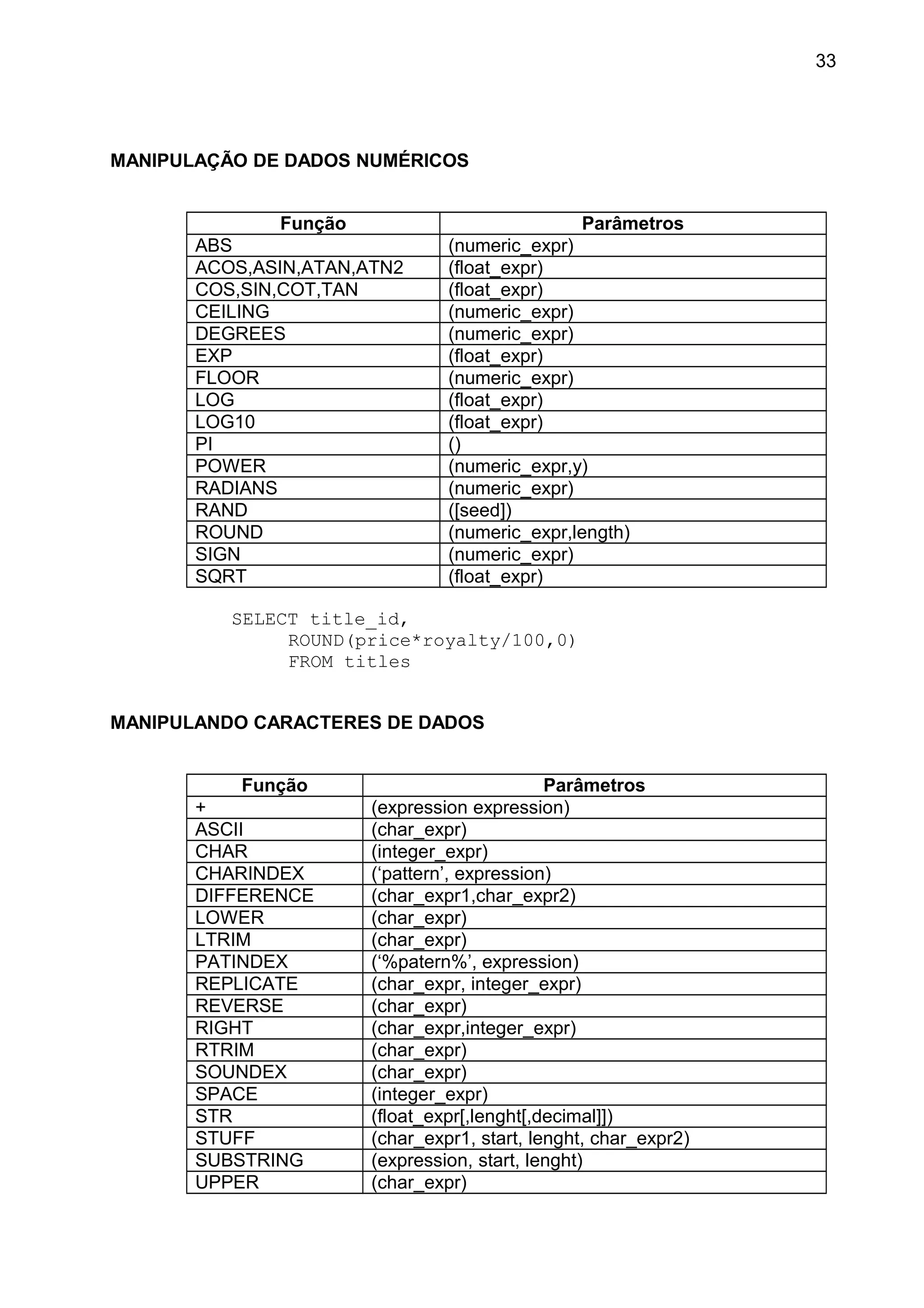MANIPULAÇÃO DE DADOS NUMÉRICOS
Função Parâmetros
ABS (numeric_expr)
ACOS,ASIN,ATAN,ATN2 (float_expr)
COS,SIN,COT,TAN (float_expr)
CEILING (numeric_expr)
DEGREES (numeric_expr)
EXP (float_expr)
FLOOR (numeric_expr)
LOG (float_expr)
LOG10 (float_expr)
PI ()
POWER (numeric_expr,y)
RADIANS (numeric_expr)
RAND ([seed])
ROUND (numeric_expr,length)
SIGN (numeric_expr)
SQRT (float_expr)
SELECT title_id,
ROUND(price*royalty/100,0)
FROM titles
MANIPULANDO CARACTERES DE DADOS
Função Parâmetros
+ (expression expression)
ASCII (char_expr)
CHAR (integer_expr)
CHARINDEX (‘pattern’, expression)
DIFFERENCE (char_expr1,char_expr2)
LOWER (char_expr)
LTRIM (char_expr)
PATINDEX (‘%patern%’, expression)
REPLICATE (char_expr, integer_expr)
REVERSE (char_expr)
RIGHT (char_expr,integer_expr)
RTRIM (char_expr)
SOUNDEX (char_expr)
SPACE (integer_expr)
STR (float_expr[,lenght[,decimal]])
STUFF (char_expr1, start, lenght, char_expr2)
SUBSTRING (expression, start, lenght)
UPPER (char_expr)
33
 