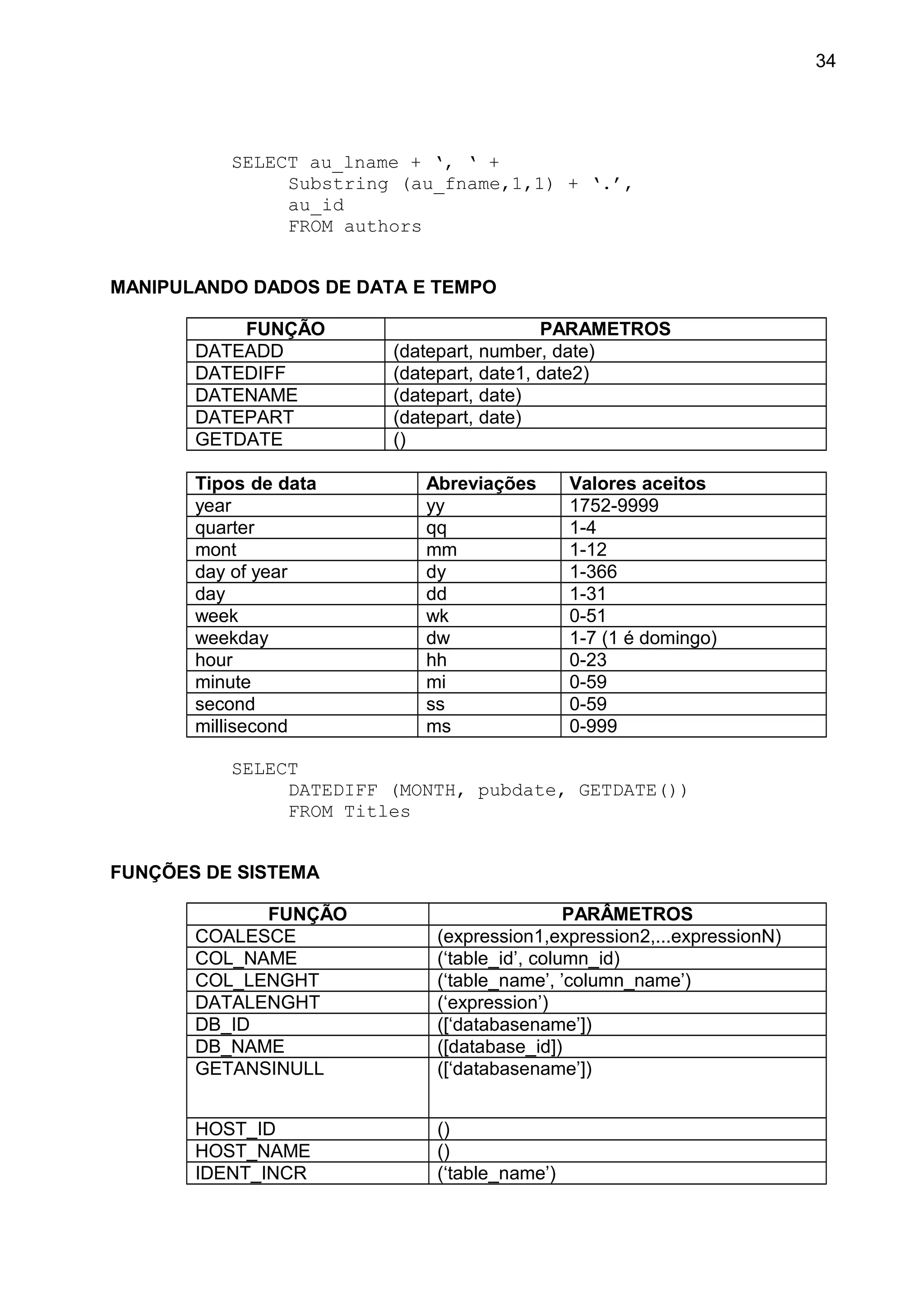 SELECT au_lname + ‘, ‘ +
Substring (au_fname,1,1) + ‘.’,
au_id
FROM authors
MANIPULANDO DADOS DE DATA E TEMPO
FUNÇÃO PARAMETROS
DATEADD (datepart, number, date)
DATEDIFF (datepart, date1, date2)
DATENAME (datepart, date)
DATEPART (datepart, date)
GETDATE ()
Tipos de data Abreviações Valores aceitos
year yy 1752-9999
quarter qq 1-4
mont mm 1-12
day of year dy 1-366
day dd 1-31
week wk 0-51
weekday dw 1-7 (1 é domingo)
hour hh 0-23
minute mi 0-59
second ss 0-59
millisecond ms 0-999
SELECT
DATEDIFF (MONTH, pubdate, GETDATE())
FROM Titles
FUNÇÕES DE SISTEMA
FUNÇÃO PARÂMETROS
COALESCE (expression1,expression2,...expressionN)
COL_NAME (‘table_id’, column_id)
COL_LENGHT (‘table_name’, ’column_name’)
DATALENGHT (‘expression’)
DB_ID ([‘databasename’])
DB_NAME ([database_id])
GETANSINULL ([‘databasename’])
HOST_ID ()
HOST_NAME ()
IDENT_INCR (‘table_name’)
34
 