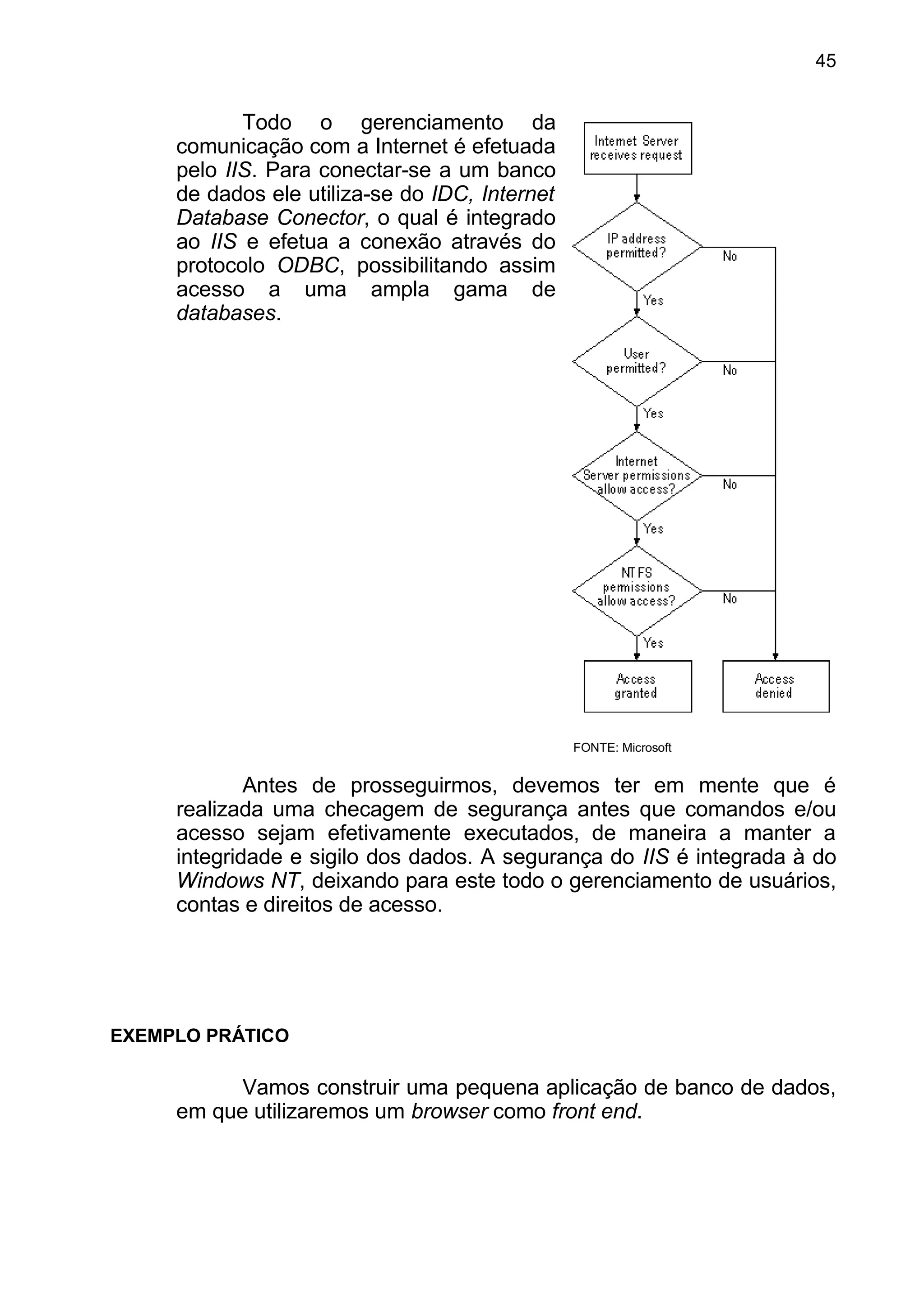 Todo o gerenciamento da
comunicação com a Internet é efetuada
pelo IIS. Para conectar-se a um banco
de dados ele utiliza-se do IDC, Internet
Database Conector, o qual é integrado
ao IIS e efetua a conexão através do
protocolo ODBC, possibilitando assim
acesso a uma ampla gama de
databases.
Antes de prosseguirmos, devemos ter em mente que é
realizada uma checagem de segurança antes que comandos e/ou
acesso sejam efetivamente executados, de maneira a manter a
integridade e sigilo dos dados. A segurança do IIS é integrada à do
Windows NT, deixando para este todo o gerenciamento de usuários,
contas e direitos de acesso.
EXEMPLO PRÁTICO
Vamos construir uma pequena aplicação de banco de dados,
em que utilizaremos um browser como front end.
FONTE: Microsoft
45
 