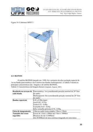 FUNDAMENTOS DE SENSORIAMENTO REMOTO
EM AMBIENTE DE GEOPROCESSAMENTO
Prof. Alzir Felippe Buffara Antunes
33
Figura 14: Cobertura SPOT 5
4.3- IKONOS
O satélite IKONOS lançado em 1999, foi o primeiro de alta resolução espacial de
1m na banda pancromática e de 4 metros nas bandas multiespectral. A Tabela 5 mostra as
principais características das imagens e do satélite IKONOS.
Tabela 5- Características da Imagem Ikonos (Adaptado, Engesat, 2003)
Resolução no terreno de
cada banda
Pancromática: 1m (considerando posição nominal de 26º fora
do nadir)
Multiespectral: 4m (considerando posição nominal de 26º fora
do nadir)
Bandas espectrais 0.45 a 0.90µ (pan)
Azul 0.45 - 0.52µ
Verde 0.52 - 0.60µ
Vermelho 0.63 - 0.69µ
Infra vermelho próximo 0.76 - 0.90µ
Faixa de imageamento 13km no nadir (cena simples 13km x 13km)
Tamanho das cenas
sugeridos
Faixas de 11km x 100km até 11km x 1000km
Mosaicos de até 12.000km2
Até 20.000km2 de área continua imageada em uma única
 