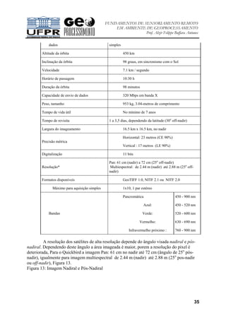 FUNDAMENTOS DE SENSORIAMENTO REMOTO
EM AMBIENTE DE GEOPROCESSAMENTO
Prof. Alzir Felippe Buffara Antunes
35
dados simples
Altitude da órbita 450 km
Inclinação da órbita 98 graus, em sincronismo com o Sol
Velocidade 7.1 km / segundo
Horário de passagem 10:30 h
Duração da órbita 98 minutos
Capacidade de envio de dados 320 Mbps em banda X
Peso, tamanho 953 kg, 3.04-metros de comprimento
Tempo de vida útil No mínimo de 7 anos
Tempo de revisita 1 a 3,5 dias, dependendo da latitude (30o
off-nadir)
Largura do imageamento 16.5 km x 16.5 km, no nadir
Precisão métrica
Horizontal: 23 metros (CE 90%)
Vertical : 17 metros (LE 90%)
Digitalização 11 bits
Resolução*
Pan: 61 cm (nadir) a 72 cm (25o
off-nadir)
Multiespectral: de 2.44 m (nadir) até 2.88 m (25o
off-
nadir)
Formatos disponíveis GeoTIFF 1.0, NITF 2.1 ou NITF 2.0
Máximo para aquisição simples 1x10, 1 par estéreo
Pancromática 450 - 900 nm
Azul: 450 - 520 nm
Verde: 520 - 600 nm
Vermelho: 630 - 690 nm
Bandas
Infravermelho próximo : 760 - 900 nm
A resolução dos satélites de alta resolução depende do ângulo visada nadiral e pós-
nadiral. Dependendo deste ângulo a área imageada é maior, porem a resolução do pixel é
deteriorada, Para o Quickbird a imagem Pan: 61 cm no nadir até 72 cm (ângulo de 25o
pós-
nadir), igualmente para imagem multiespectral de 2.44 m (nadir) até 2.88 m (25o
pos-nadir
ou off-nadir), Figura 13.
Figura 13: Imagem Nadiral e Pós-Nadiral
 