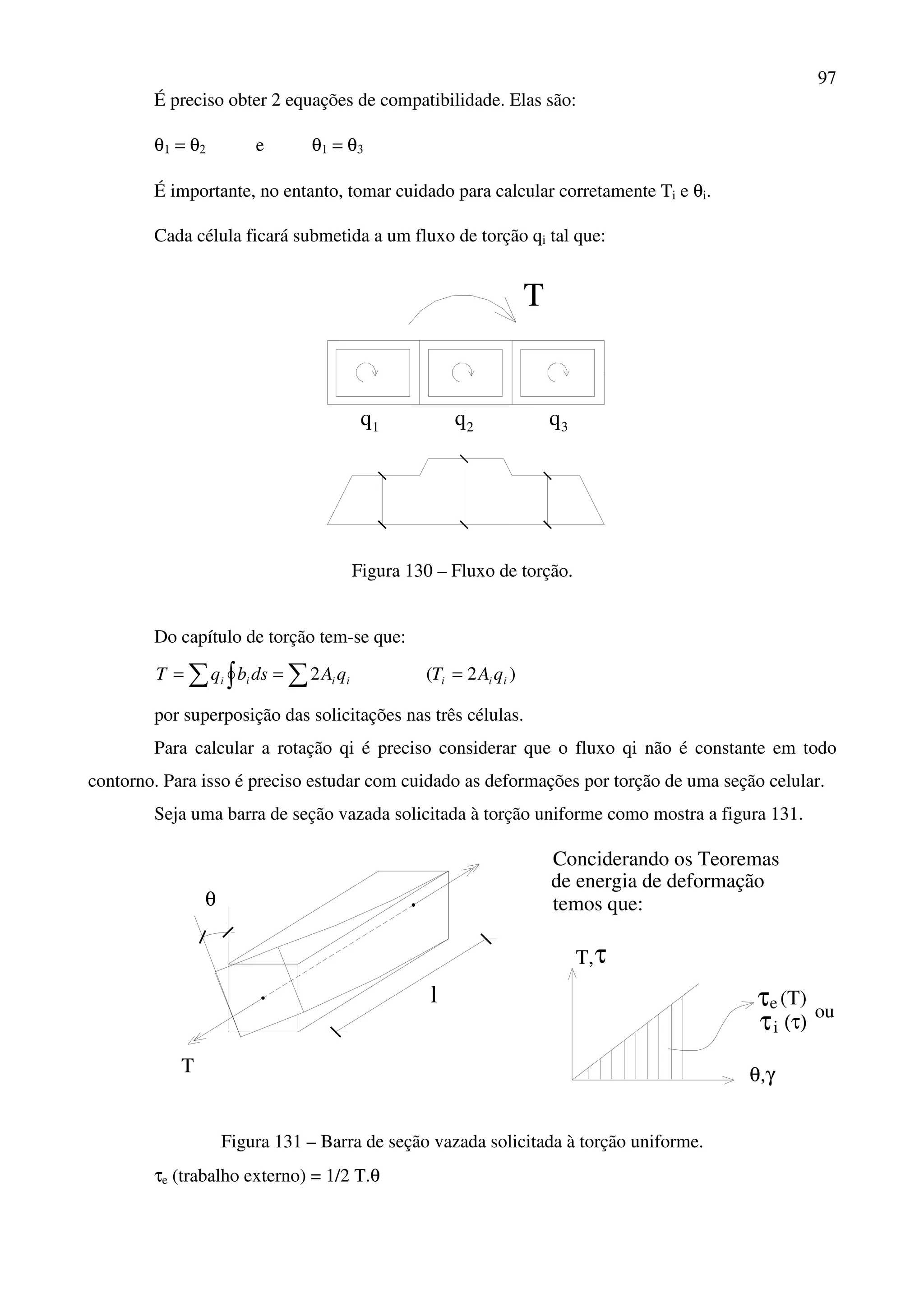 97
É preciso obter 2 equações de compatibilidade. Elas são:
θ1 = θ2 e θ1 = θ3
É importante, no entanto, tomar cuidado para calcular corretamente Ti e θi.
Cada célula ficará submetida a um fluxo de torção qi tal que:
1
T
q 2q 3q
Figura 130 – Fluxo de torção.
Do capítulo de torção tem-se que:
∑ ∫ ∑== iiii qAdsbqT 2 )2( iii qAT =
por superposição das solicitações nas três células.
Para calcular a rotação qi é preciso considerar que o fluxo qi não é constante em todo
contorno. Para isso é preciso estudar com cuidado as deformações por torção de uma seção celular.
Seja uma barra de seção vazada solicitada à torção uniforme como mostra a figura 131.
θ
l
T
Conciderando os Teoremas
de energia de deformação
temos que:
T,τ
θ,γ
τ (T)e
(τ)τi
ou
Figura 131 – Barra de seção vazada solicitada à torção uniforme.
τe (trabalho externo) = 1/2 T.θ
 