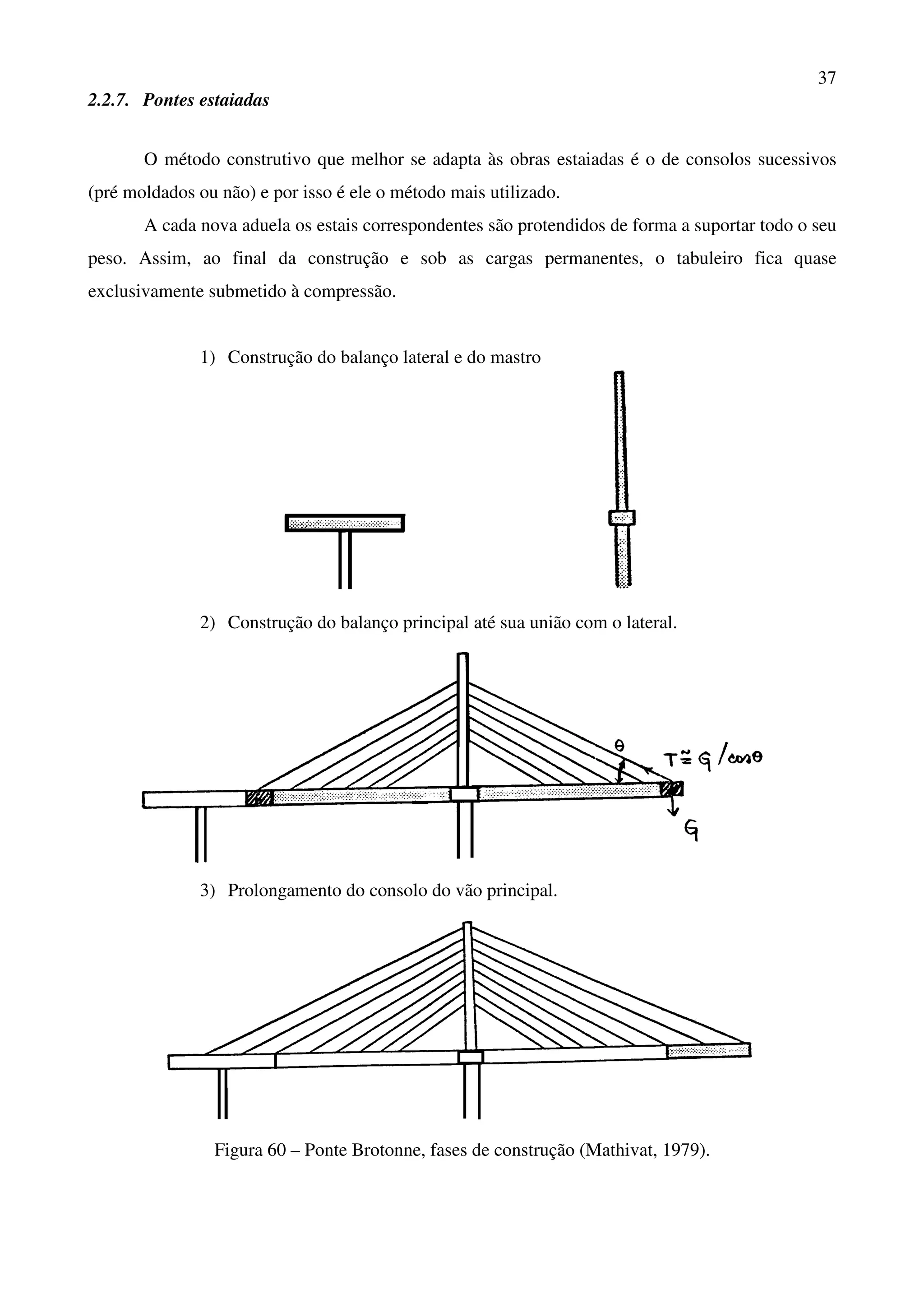 37
2.2.7. Pontes estaiadas
O método construtivo que melhor se adapta às obras estaiadas é o de consolos sucessivos
(pré moldados ou não) e por isso é ele o método mais utilizado.
A cada nova aduela os estais correspondentes são protendidos de forma a suportar todo o seu
peso. Assim, ao final da construção e sob as cargas permanentes, o tabuleiro fica quase
exclusivamente submetido à compressão.
1) Construção do balanço lateral e do mastro
2) Construção do balanço principal até sua união com o lateral.
3) Prolongamento do consolo do vão principal.
Figura 60 – Ponte Brotonne, fases de construção (Mathivat, 1979).
 