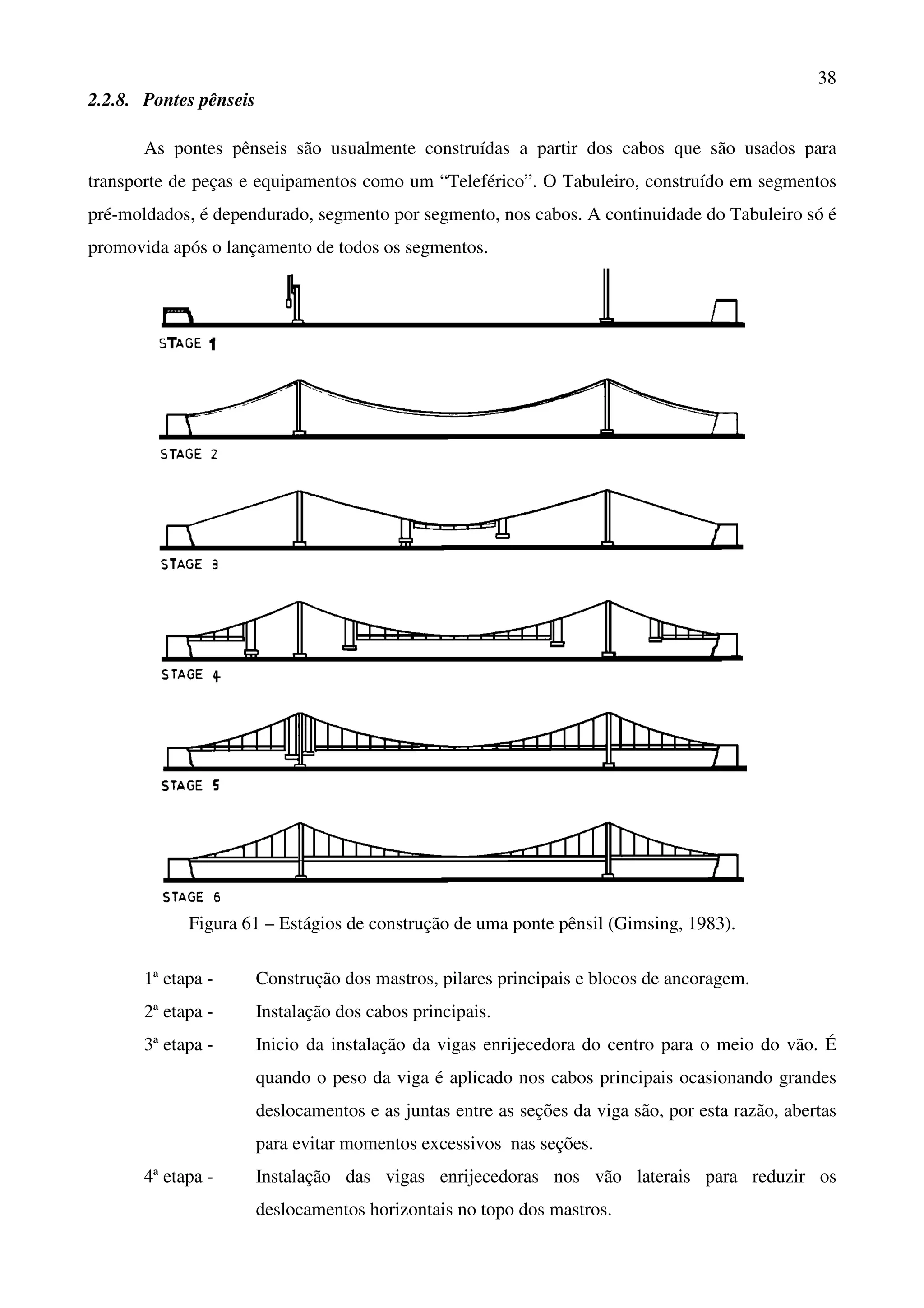38
2.2.8. Pontes pênseis
As pontes pênseis são usualmente construídas a partir dos cabos que são usados para
transporte de peças e equipamentos como um “Teleférico”. O Tabuleiro, construído em segmentos
pré-moldados, é dependurado, segmento por segmento, nos cabos. A continuidade do Tabuleiro só é
promovida após o lançamento de todos os segmentos.
Figura 61 – Estágios de construção de uma ponte pênsil (Gimsing, 1983).
1ª etapa - Construção dos mastros, pilares principais e blocos de ancoragem.
2ª etapa - Instalação dos cabos principais.
3ª etapa - Inicio da instalação da vigas enrijecedora do centro para o meio do vão. É
quando o peso da viga é aplicado nos cabos principais ocasionando grandes
deslocamentos e as juntas entre as seções da viga são, por esta razão, abertas
para evitar momentos excessivos nas seções.
4ª etapa - Instalação das vigas enrijecedoras nos vão laterais para reduzir os
deslocamentos horizontais no topo dos mastros.
 