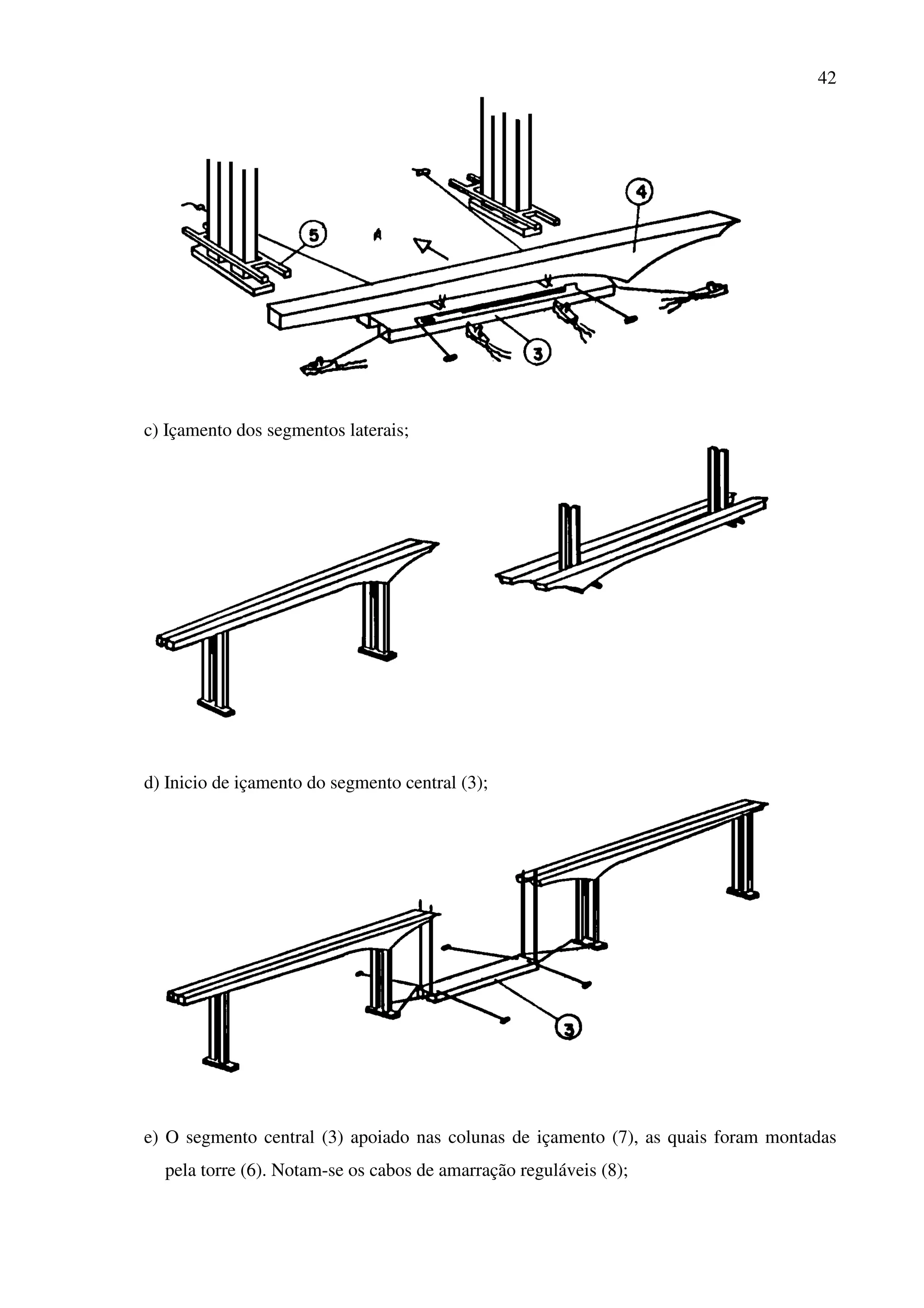 42
c) Içamento dos segmentos laterais;
d) Inicio de içamento do segmento central (3);
e) O segmento central (3) apoiado nas colunas de içamento (7), as quais foram montadas
pela torre (6). Notam-se os cabos de amarração reguláveis (8);
 