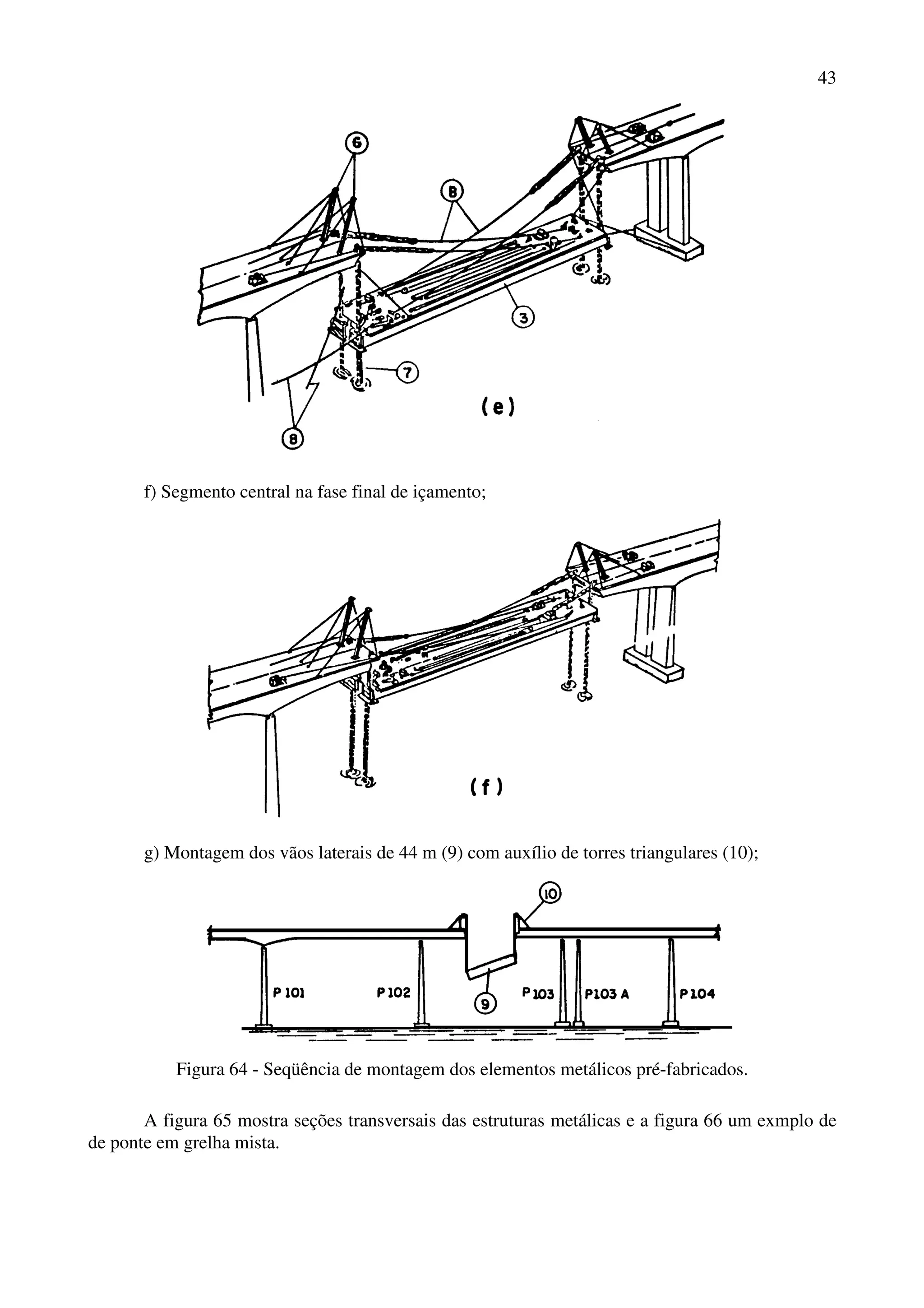 43
f) Segmento central na fase final de içamento;
g) Montagem dos vãos laterais de 44 m (9) com auxílio de torres triangulares (10);
Figura 64 - Seqüência de montagem dos elementos metálicos pré-fabricados.
A figura 65 mostra seções transversais das estruturas metálicas e a figura 66 um exmplo de
de ponte em grelha mista.
 