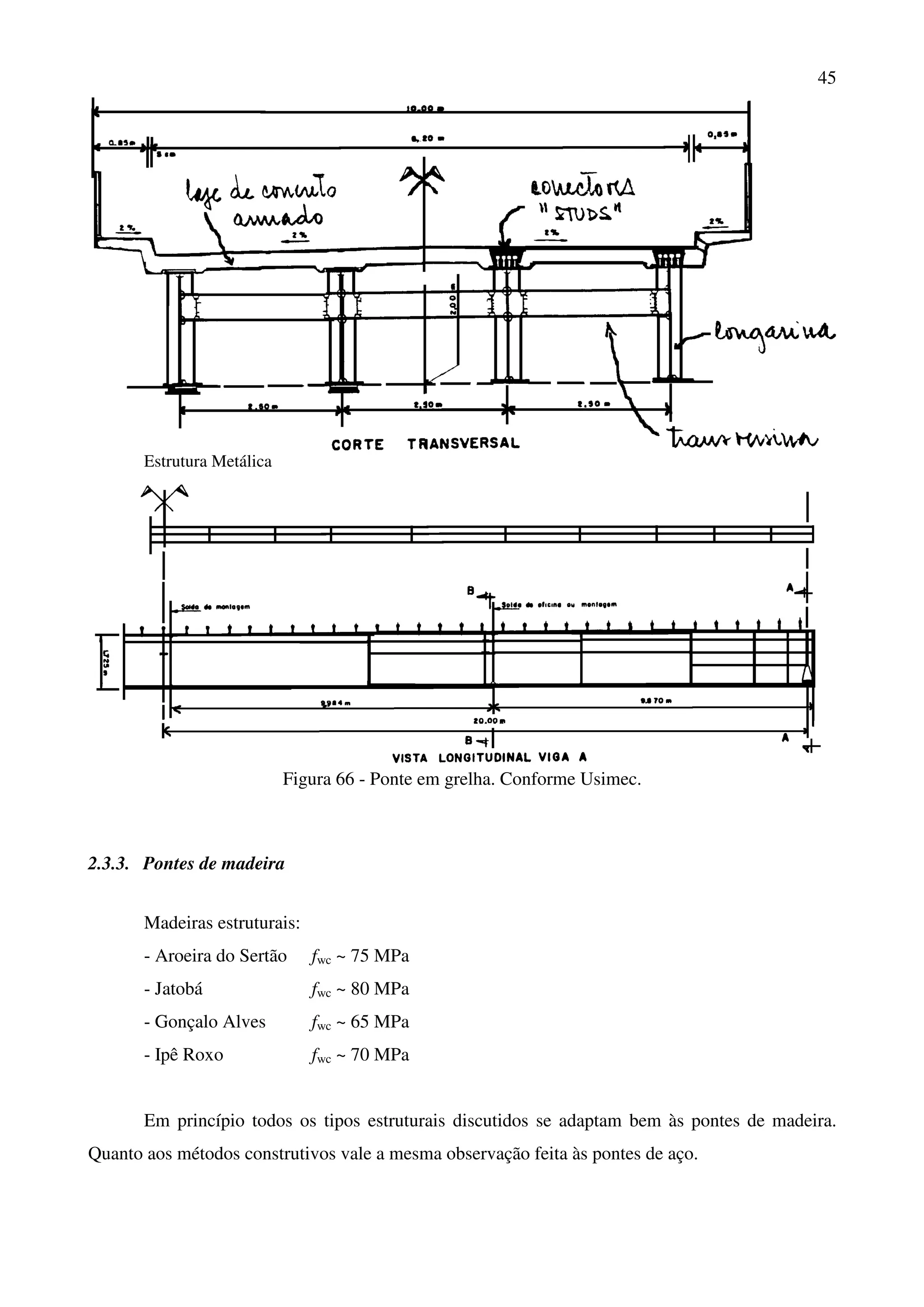 45
Estrutura Metálica
Figura 66 - Ponte em grelha. Conforme Usimec.
2.3.3. Pontes de madeira
Madeiras estruturais:
- Aroeira do Sertão fwc ~ 75 MPa
- Jatobá fwc ~ 80 MPa
- Gonçalo Alves fwc ~ 65 MPa
- Ipê Roxo fwc ~ 70 MPa
Em princípio todos os tipos estruturais discutidos se adaptam bem às pontes de madeira.
Quanto aos métodos construtivos vale a mesma observação feita às pontes de aço.
 