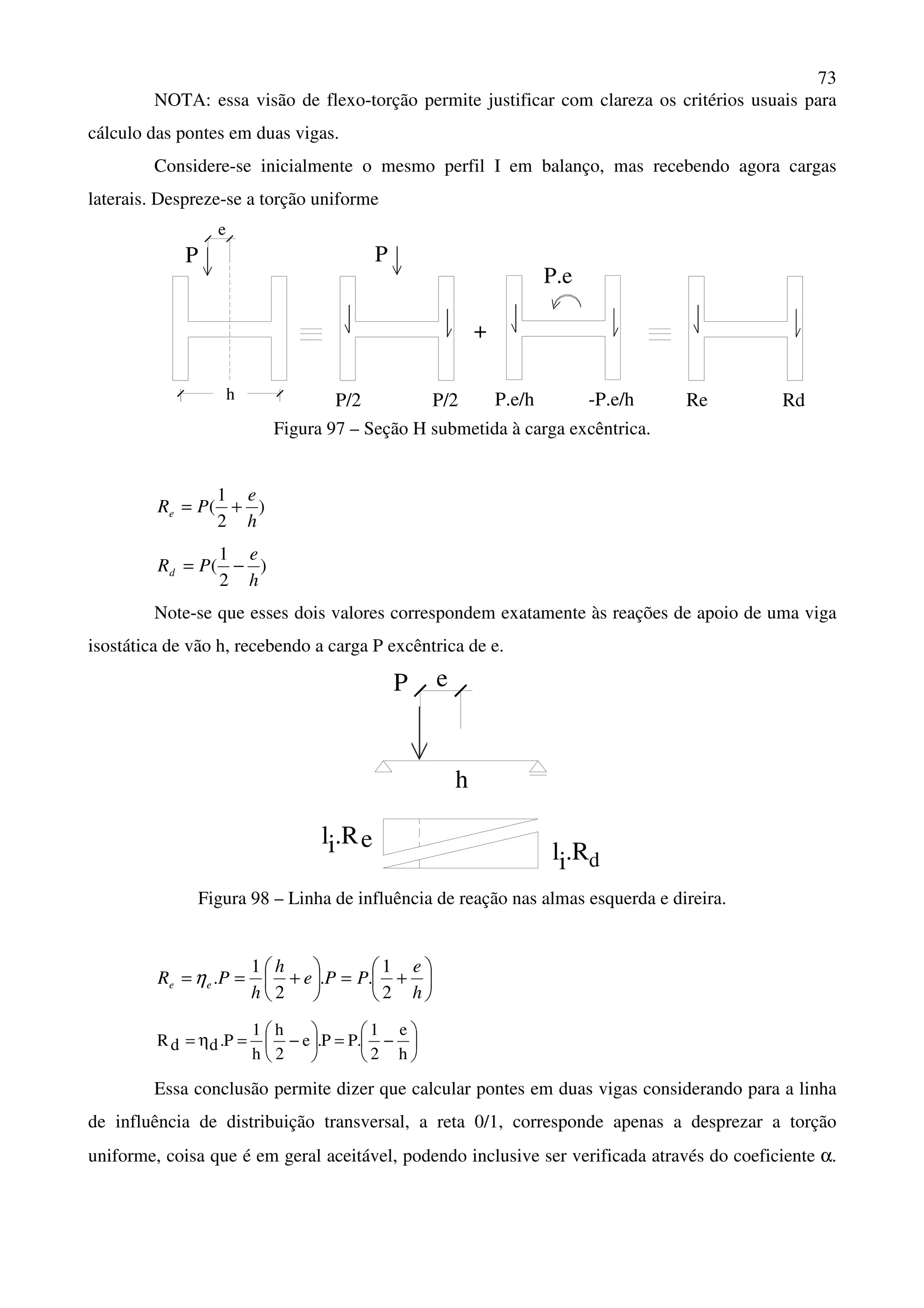 73
NOTA: essa visão de flexo-torção permite justificar com clareza os critérios usuais para
cálculo das pontes em duas vigas.
Considere-se inicialmente o mesmo perfil I em balanço, mas recebendo agora cargas
laterais. Despreze-se a torção uniforme
h
P
e
P
P/2 P/2 -P.e/hP.e/h
P.e
+
RdRe
Figura 97 – Seção H submetida à carga excêntrica.
)
2
1
(
h
e
PRe +=
)
2
1
(
h
e
PRd −=
Note-se que esses dois valores correspondem exatamente às reações de apoio de uma viga
isostática de vão h, recebendo a carga P excêntrica de e.
eP
h
l .Ri e l .Ri d
Figura 98 – Linha de influência de reação nas almas esquerda e direira.






+=





+==
h
e
PPe
h
h
PR ee
2
1
..
2
1
.η






−=





−=η=
h
e
2
1
.PP.e
2
h
h
1
P.ddR
Essa conclusão permite dizer que calcular pontes em duas vigas considerando para a linha
de influência de distribuição transversal, a reta 0/1, corresponde apenas a desprezar a torção
uniforme, coisa que é em geral aceitável, podendo inclusive ser verificada através do coeficiente α.
 