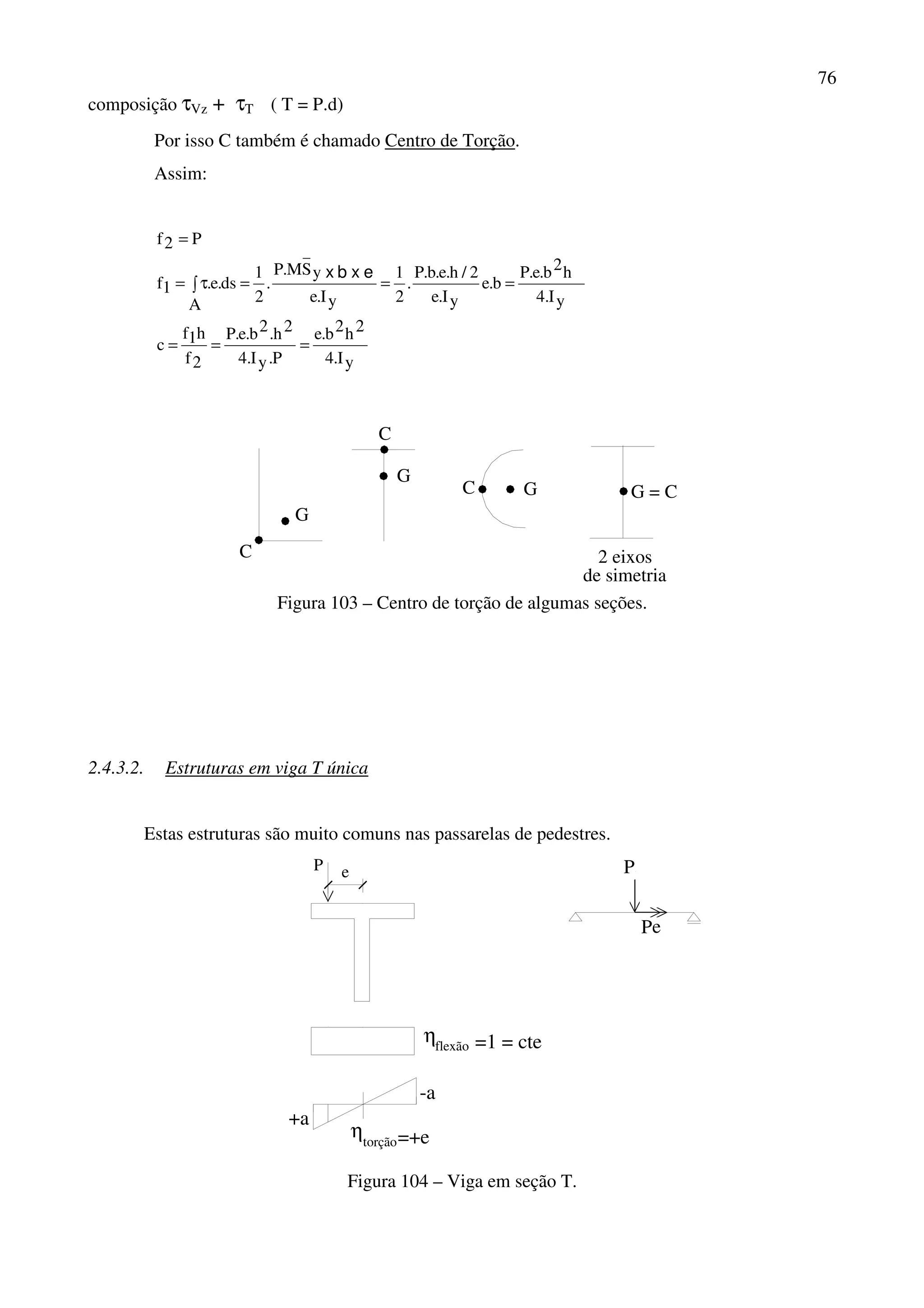 76
composição τVz + τT ( T = P.d)
Por isso C também é chamado Centro de Torção.
Assim:
yI.4
2h2b.e
P.yI.4
2h.2b.e.P
2f
h1f
c
yI.4
h2b.e.P
b.e
yI.e
2/h.e.b.P
.
2
1
yI.e
ySM.P
.
2
1
A
ds.e.1f
P2f
===
===∫ τ=
=
exbx
G
C
C
G
C G G = C
2 eixos
de simetria
Figura 103 – Centro de torção de algumas seções.
2.4.3.2. Estruturas em viga T única
Estas estruturas são muito comuns nas passarelas de pedestres.
+a
-a
P e
η
flexão
=+e
=1 = cte
torção
η
P
Pe
Figura 104 – Viga em seção T.
 
