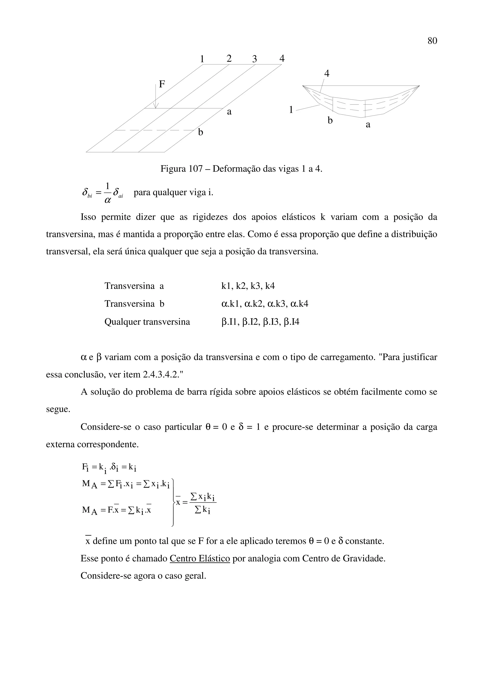 80
F
1 2 3 4
a
b
1
4
ab
Figura 107 – Deformação das vigas 1 a 4.
aibi δ
α
δ
1
= para qualquer viga i.
Isso permite dizer que as rigidezes dos apoios elásticos k variam com a posição da
transversina, mas é mantida a proporção entre elas. Como é essa proporção que define a distribuição
transversal, ela será única qualquer que seja a posição da transversina.
Transversina a k1, k2, k3, k4
Transversina b α.k1, α.k2, α.k3, α.k4
Qualquer transversina β.I1, β.I2, β.I3, β.I4
α e β variam com a posição da transversina e com o tipo de carregamento. "Para justificar
essa conclusão, ver item 2.4.3.4.2."
A solução do problema de barra rígida sobre apoios elásticos se obtém facilmente como se
segue.
Considere-se o caso particular θ = 0 e δ = 1 e procure-se determinar a posição da carga
externa correspondente.
∑
∑
=






∑==
∑ ∑==
=δ=
ik
ikix
x
x.ikx.FAM
ik.ixix.iFAM
iki.
i
kiF
x define um ponto tal que se F for a ele aplicado teremos θ = 0 e δ constante.
Esse ponto é chamado Centro Elástico por analogia com Centro de Gravidade.
Considere-se agora o caso geral.
 