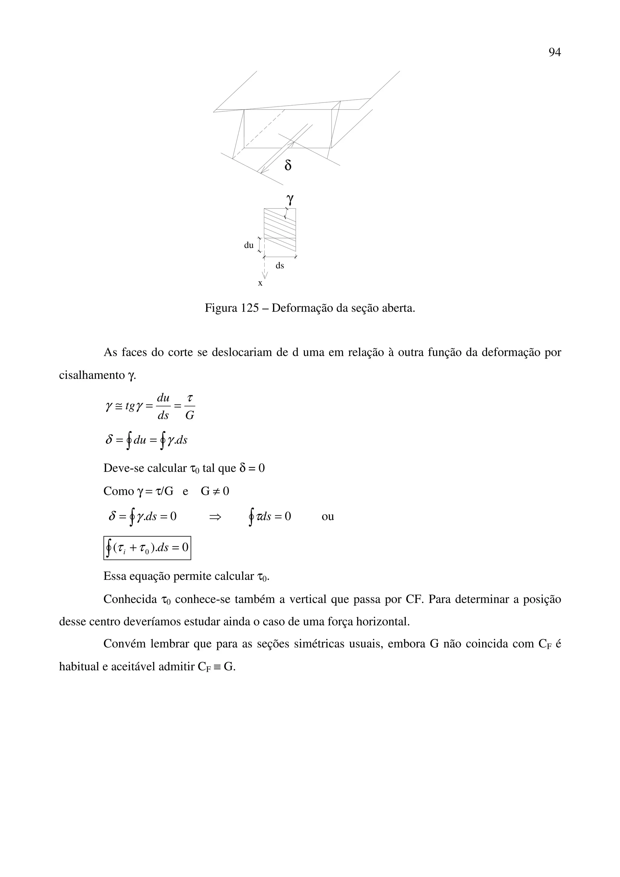 94
δ
γ
ds
du
x
Figura 125 – Deformação da seção aberta.
As faces do corte se deslocariam de d uma em relação à outra função da deformação por
cisalhamento γ.
Gds
du
tg
τ
γγ ==≅
∫∫ == dsdu .γδ
Deve-se calcular τ0 tal que δ = 0
Como γ = τ/G e G ≠ 0
0. == ∫ dsγδ ⇒ 0=∫ dsτ ou
∫ =+ 0).( 0 dsi ττ
Essa equação permite calcular τ0.
Conhecida τ0 conhece-se também a vertical que passa por CF. Para determinar a posição
desse centro deveríamos estudar ainda o caso de uma força horizontal.
Convém lembrar que para as seções simétricas usuais, embora G não coincida com CF é
habitual e aceitável admitir CF ≡ G.
 