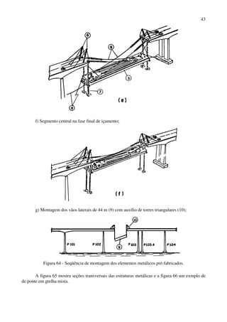 43
f) Segmento central na fase final de içamento;
g) Montagem dos vãos laterais de 44 m (9) com auxílio de torres triangulares (10);
Figura 64 - Seqüência de montagem dos elementos metálicos pré-fabricados.
A figura 65 mostra seções transversais das estruturas metálicas e a figura 66 um exmplo de
de ponte em grelha mista.
 