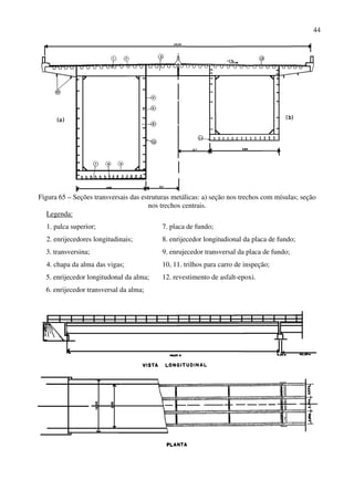 44
Figura 65 – Seções transversais das estruturas metálicas: a) seção nos trechos com mísulas; seção
nos trechos centrais.
Legenda:
1. palca superior; 7. placa de fundo;
2. enrijecedores longitudinais; 8. enrijecedor longitudional da placa de fundo;
3. transversina; 9. enrujecedor transversal da placa de fundo;
4. chapa da alma das vigas; 10, 11. trilhos para carro de inspeção;
5. enrijecedor longitudonal da alma; 12. revestimento de asfalt-epoxi.
6. enrijecedor transversal da alma;
 