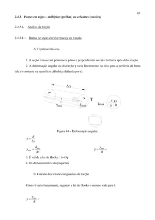 63
2.4.3. Pontes em vigas – múltiplas (grelhas) ou celulares (caixões)
2.4.3.1. Análise da torção
2.4.3.1.1. Barras de seção circular maciça ou vazada
A. Hipóteses básicas
1. A seção transversal permanece plana e perpendicular ao eixo da barra após deformação
2. A deformação angular ou distorção γ varia linearmente do eixo para a periferia da barra
(ela é constante na superfície cilíndrica definida por r).
∆x
T
γmax maxδ
G
R
r
maxγ
γ
Figura 84 – Deformação angular.
x∆
=
δ
γ
x
máx
máx
∆
=
δ
γ r
R
maxγ
γ =
3. É válida a lei de Hooke : τ= Gγ
4. Os deslocamentos são pequenos
B. Cálculo das tensões tangenciais de torção
Como γ varia linearmente, segundo a lei de Hooke o mesmo vale para τ.
r
R
maxγ
γ =
 