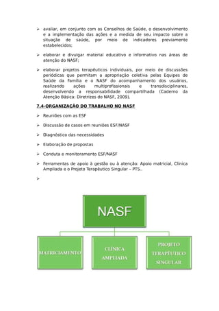  avaliar, em conjunto com os Conselhos de Saúde, o desenvolvimento
e a implementação das ações e a medida de seu impacto sobre a
situação de saúde, por meio de indicadores previamente
estabelecidos;
 elaborar e divulgar material educativo e informativo nas áreas de
atenção do NASF;
 elaborar projetos terapêuticos individuais, por meio de discussões
periódicas que permitam a apropriação coletiva pelas Equipes de
Saúde da Família e o NASF do acompanhamento dos usuários,
realizando ações multiprofissionais e transdisciplinares,
desenvolvendo a responsabilidade compartilhada (Caderno da
Atenção Básica: Diretrizes do NASF, 2009).
7.4-ORGANIZAÇÃO DO TRABALHO NO NASF
 Reuniões com as ESF
 Discussão de casos em reuniões ESF/NASF
 Diagnóstico das necessidades
 Elaboração de propostas
 Conduta e monitoramento ESF/NASF
 Ferramentas de apoio à gestão ou à atenção: Apoio matricial, Clínica
Ampliada e o Projeto Terapêutico Singular – PTS..

 