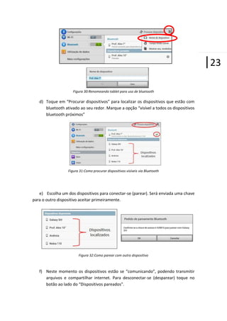 |23
Figura 30:Renomeando tablet para uso de bluetooth

d) Toque em “Procurar dispositivos” para localizar os dispositivos que estão com
bluetooth ativado ao seu redor. Marque a opção “visível a todos os dispositivos
bluetooth próximos”

Figura 31:Como procurar dispositivos visíveis via Bluetooth

e) Escolha um dos dispositivos para conectar-se (parear). Será enviada uma chave
para o outro dispositivo aceitar primeiramente.

Figura 32:Como parear com outro dispositivo

f) Neste momento os dispositivos estão se “comunicando”, podendo transmitir
arquivos e compartilhar internet. Para desconectar-se (desparear) toque no
botão ao lado do “Dispositivos pareados”.

 