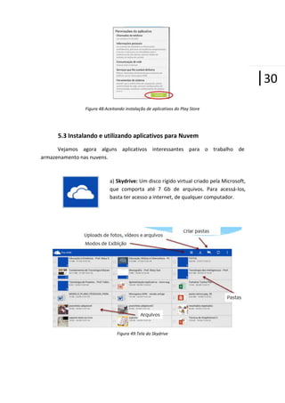|30
Figura 48:Aceitando instalação de aplicativos do Play Store

5.3 Instalando e utilizando aplicativos para Nuvem
Vejamos agora alguns aplicativos interessantes para o trabalho de
armazenamento nas nuvens.

a) Skydrive: Um disco rígido virtual criado pela Microsoft,
que comporta até 7 Gb de arquivos. Para acessá-los,
basta ter acesso a internet, de qualquer computador.

Figura 49:Tela do Skydrive

 
