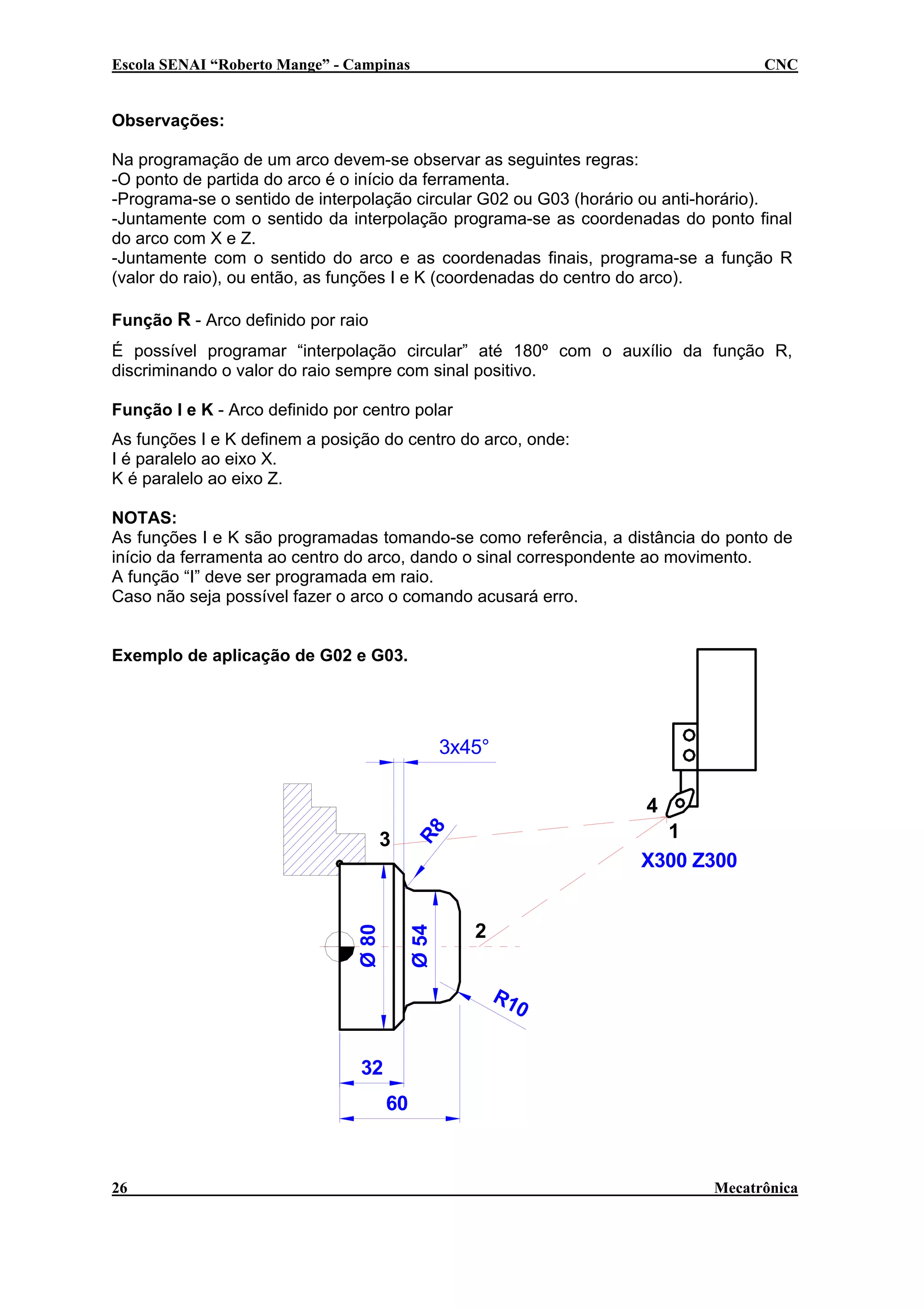 Escola SENAI “Roberto Mange” - Campinas

CNC

Observações:
Na programação de um arco devem-se observar as seguintes regras:
-O ponto de partida do arco é o início da ferramenta.
-Programa-se o sentido de interpolação circular G02 ou G03 (horário ou anti-horário).
-Juntamente com o sentido da interpolação programa-se as coordenadas do ponto final
do arco com X e Z.
-Juntamente com o sentido do arco e as coordenadas finais, programa-se a função R
(valor do raio), ou então, as funções I e K (coordenadas do centro do arco).
Função R - Arco definido por raio
É possível programar “interpolação circular” até 180º com o auxílio da função R,
discriminando o valor do raio sempre com sinal positivo.
Função I e K - Arco definido por centro polar
As funções I e K definem a posição do centro do arco, onde:
I é paralelo ao eixo X.
K é paralelo ao eixo Z.
NOTAS:
As funções I e K são programadas tomando-se como referência, a distância do ponto de
início da ferramenta ao centro do arco, dando o sinal correspondente ao movimento.
A função “I” deve ser programada em raio.
Caso não seja possível fazer o arco o comando acusará erro.
Exemplo de aplicação de G02 e G03.

3x45°
4
1
X300 Z300

R8

Ø 54

Ø 80

3

2

R1
0
32
60

26

Mecatrônica

 